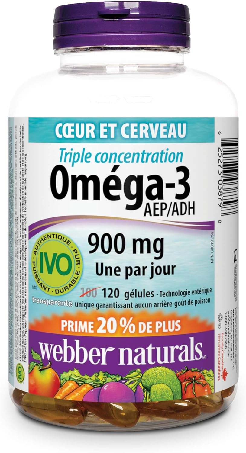Omega-3 900 Mg Triple Strength, 120 Clear Enteric No Fishy Aftertaste Softgels, Supports Cardiovascular Health and Brain Function