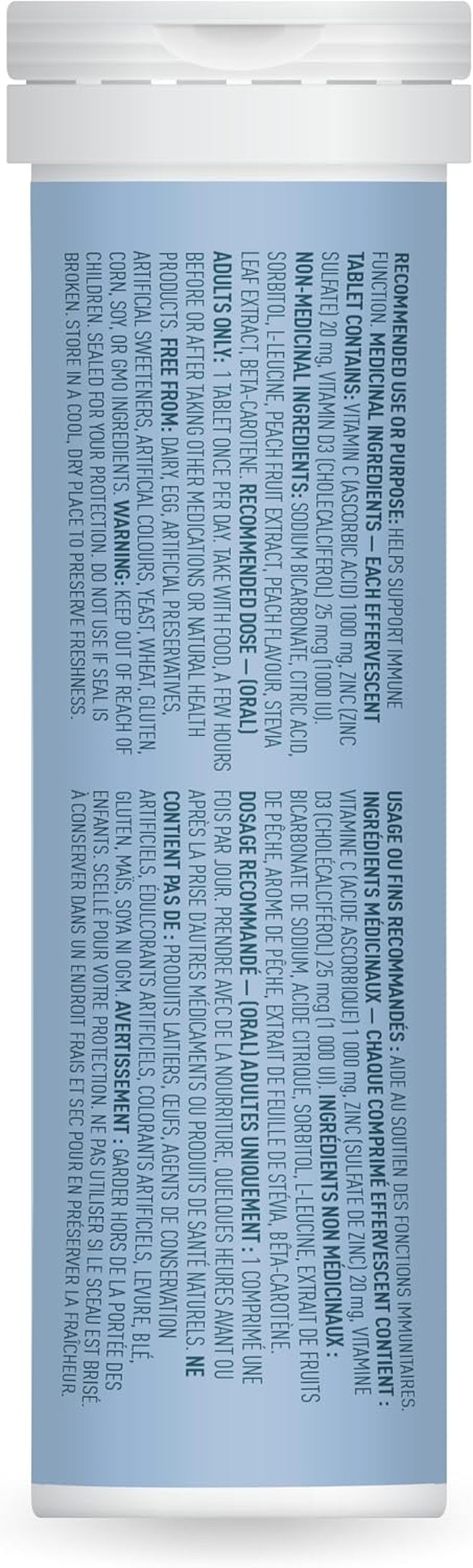 Instant C, D, Zinc Effervescent Tablets - Peach Flavour- Immune Support- Single Tube X 10 Tablets