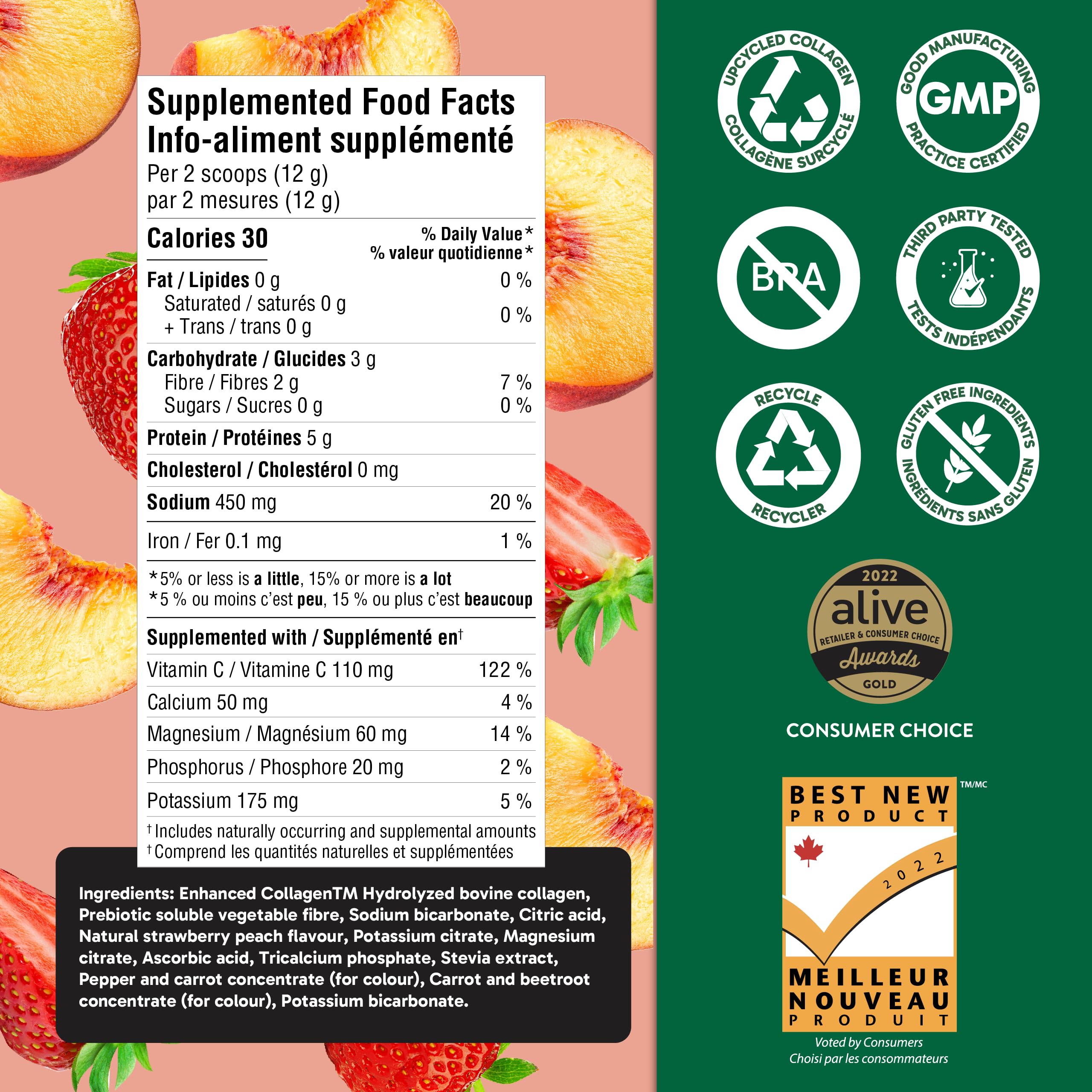 Organika Canadian-Made Electrolytes + Enhanced Collagen - Strawberry Peach Flavour - Sugar-Free Hydration | 5g Protein + 100% of Daily Vitamin C - 360g, 30 Servings