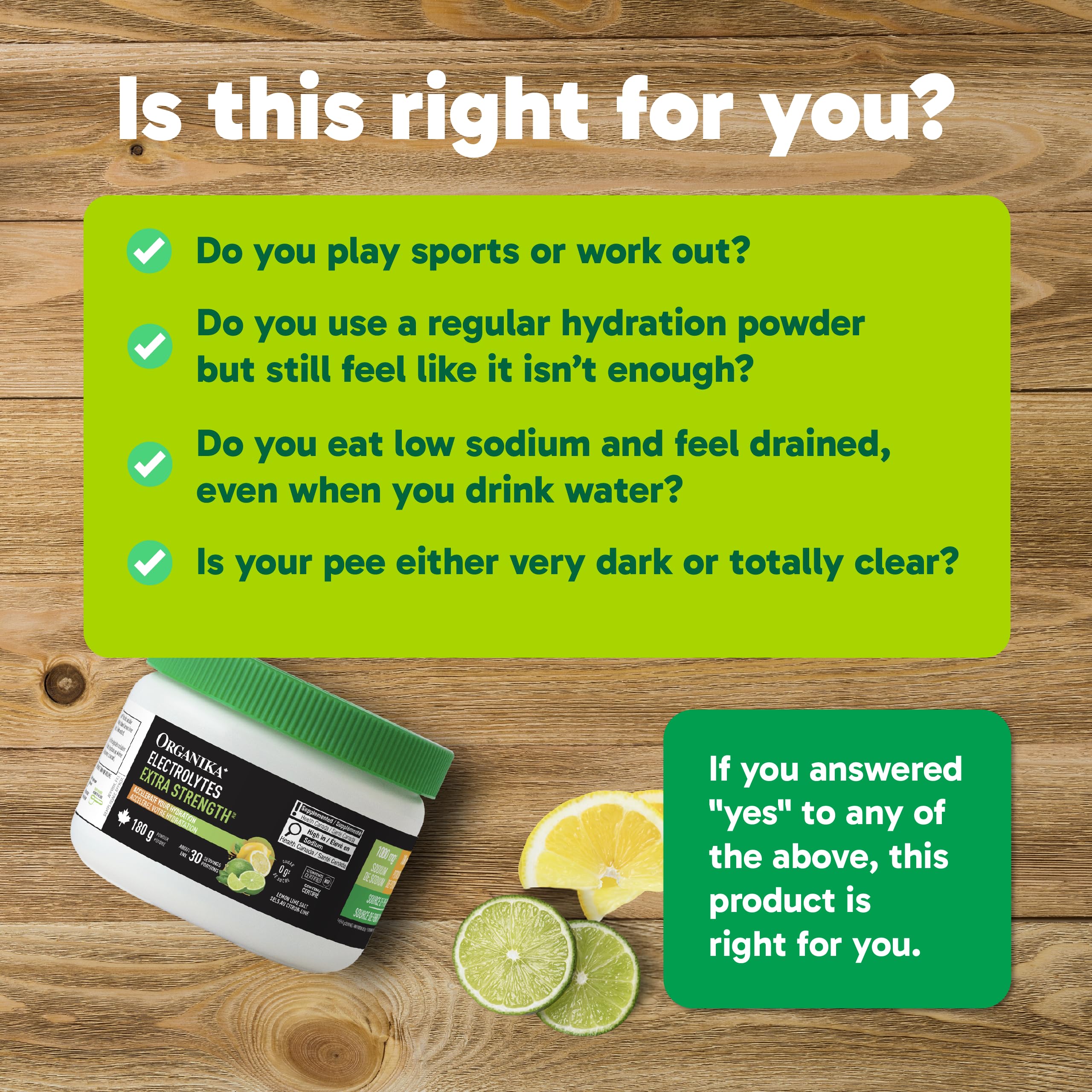 Organika Canadian-Made Electrolytes Extra-Strength Powder, NSF Certified, Lemon Lime Flavour, 1000 mg Sodium, Sugar-Free Hydration & Recovery, 180 g, 30 Servings