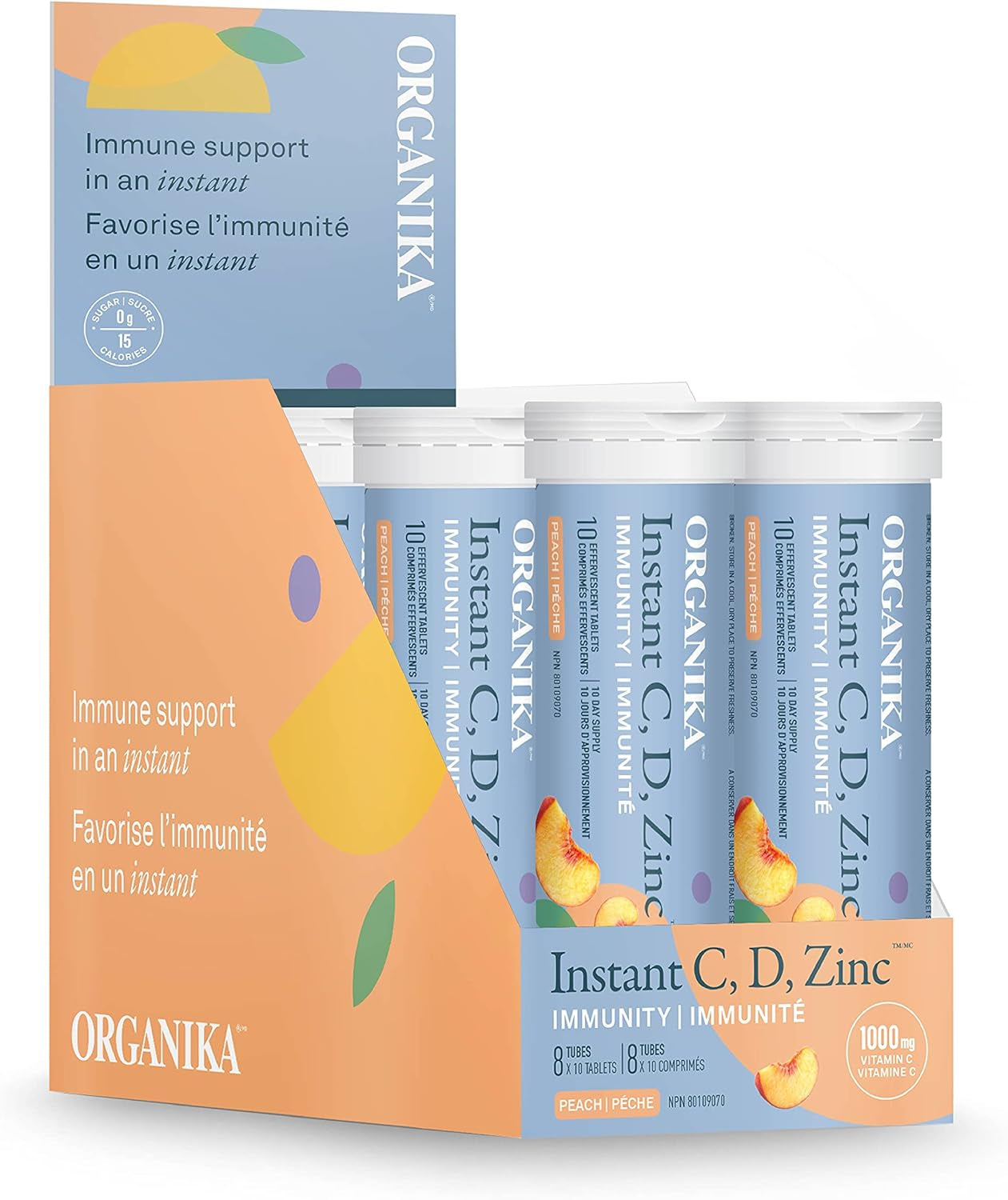 Instant C, D, Zinc Effervescent Tablets - Peach Flavour- Immune Support- Single Tube X 10 Tablets