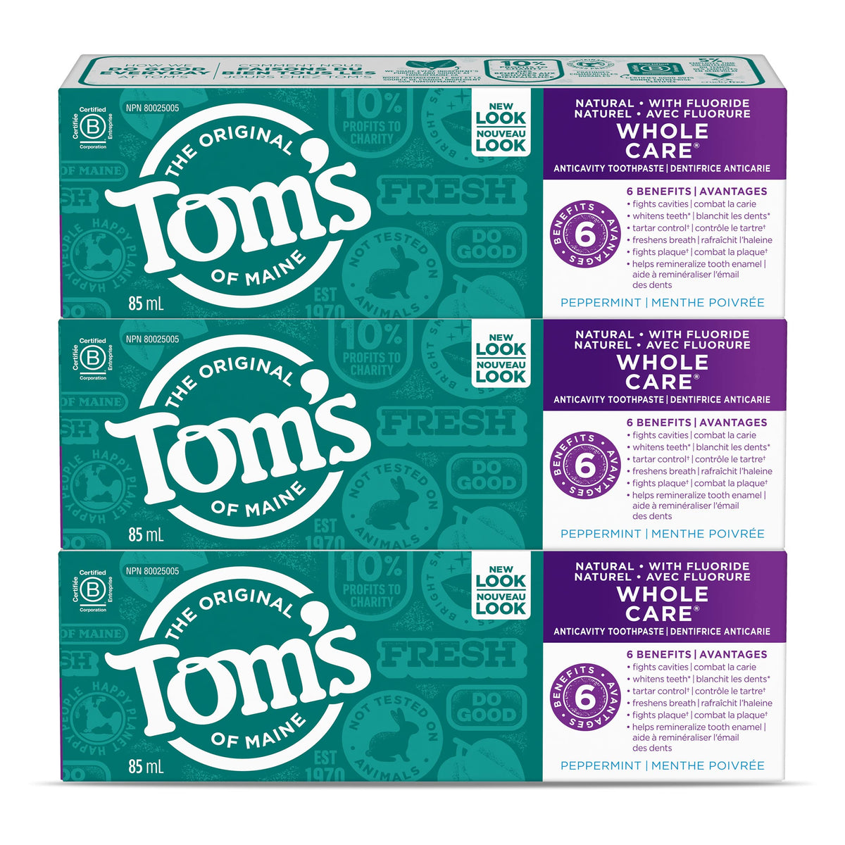 Tom's of Maine Whole Care Fluoride Natural Toothpaste, Peppermint, 85 mL, Wholecare Fluoride, 3 pack , Amazon Exclusive