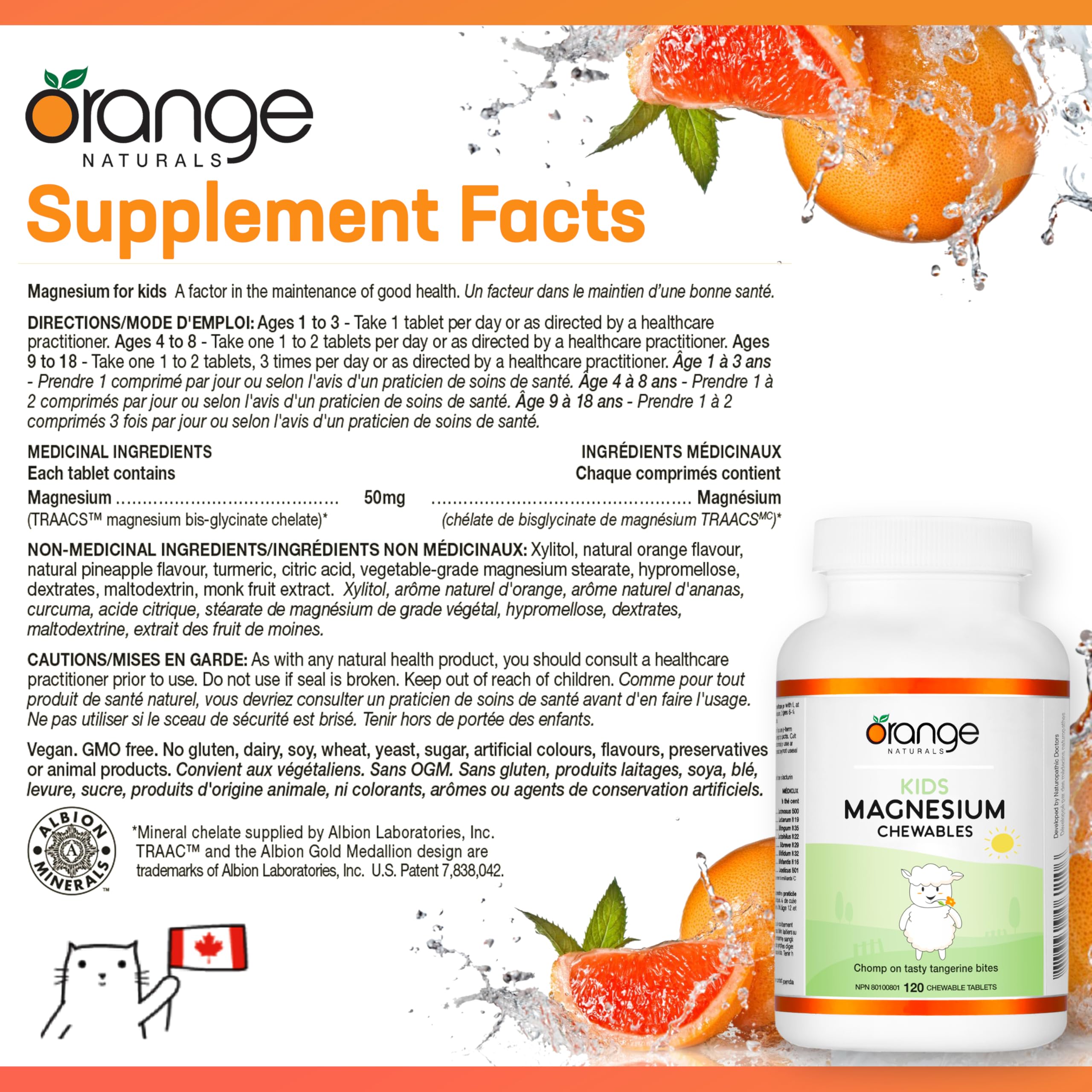 Orange Naturals Kids Magnesium - 120 Chewable Tablets, 120-Day Supply, Orange - Bone & Teeth Support with Chewable Magnesium - Muscle Function & Calm, Restful Sleep Support - Vegan & Non-GMO