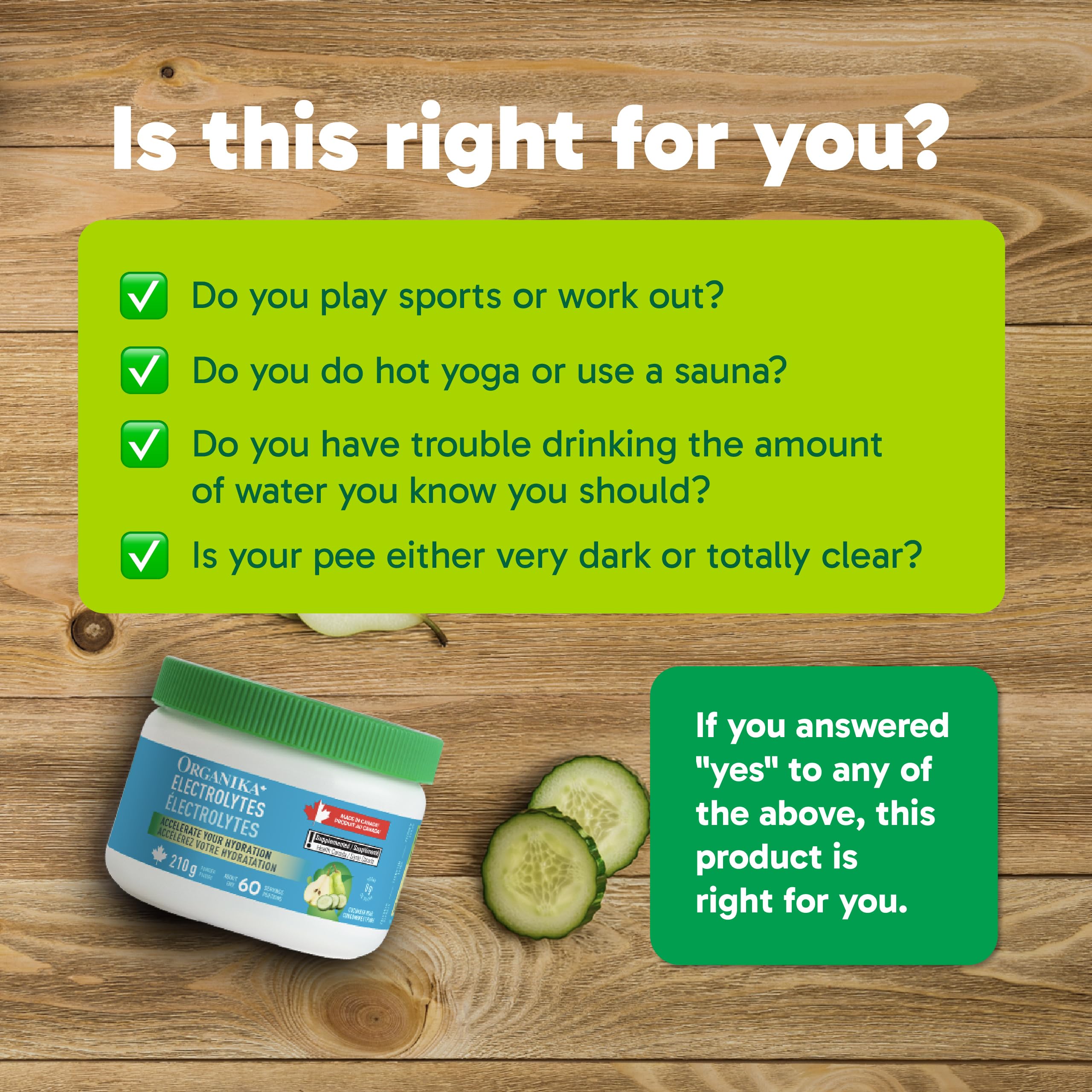 Organika Canadian-Made Electrolytes Powder with Vitamin C & Prebiotic Fibre - Sugar-Free Hydration Drink Mix - Cucumber Pear - 210 g - 60 servings