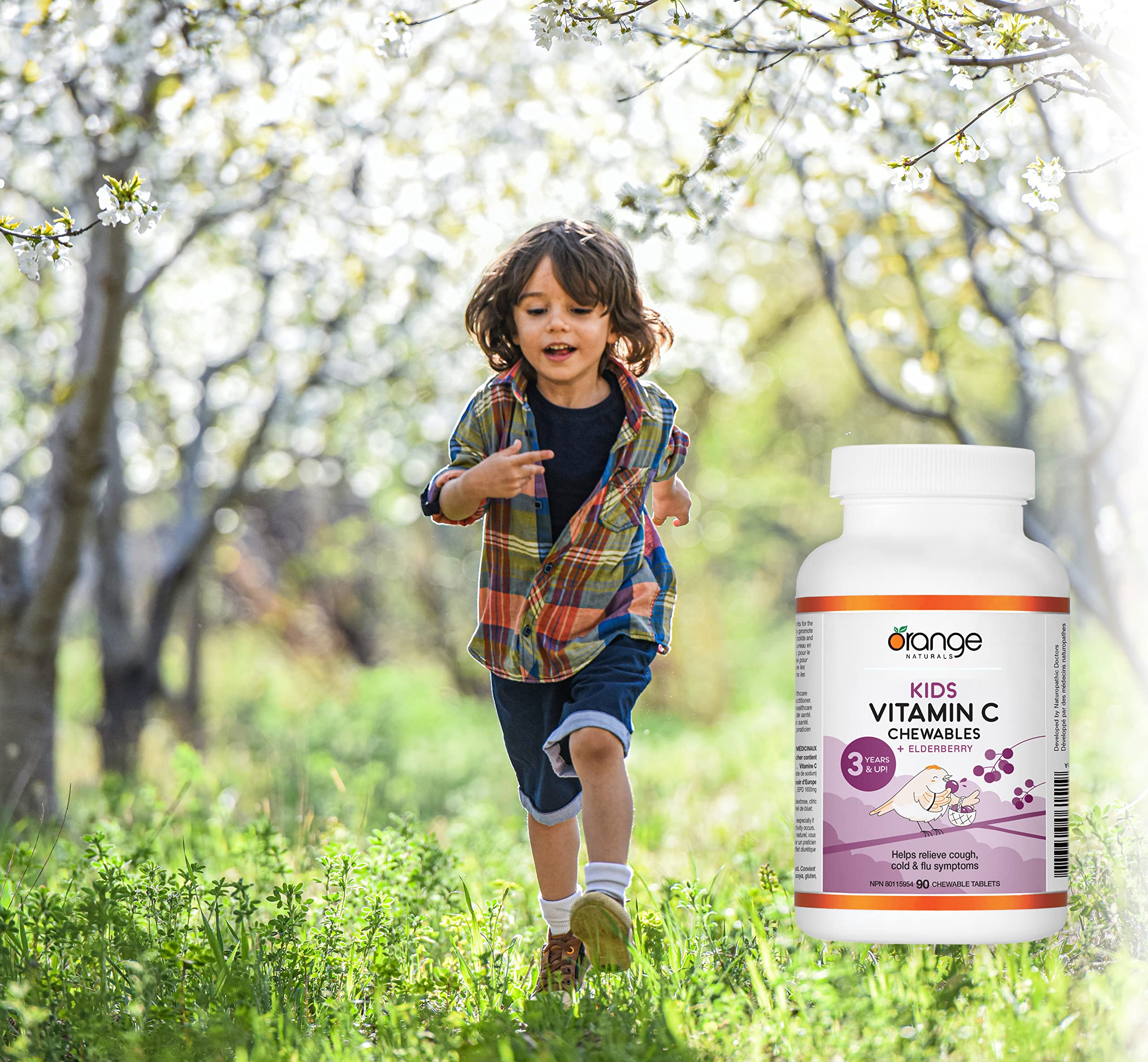 Orange Naturals Kids Vitamin C + Elderberry, Vegan 90 Chewable Tablets, 90-Day Supply, Tasty Berry Flavor, Supports Overall Wellness and Provides Antioxidant Protection - Children Ages 3+
