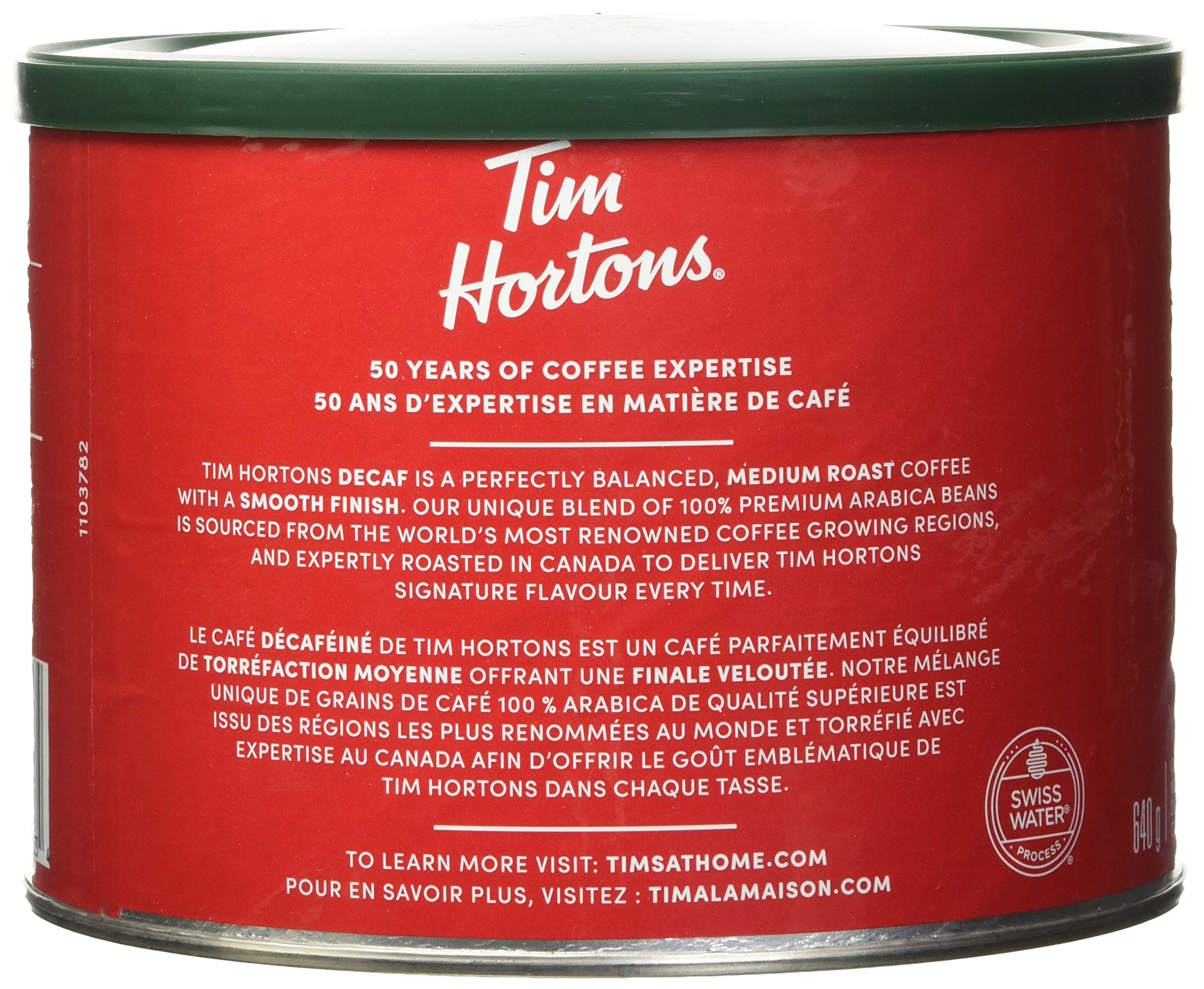 Tim Hortons Decaf, Fine Grind Coffee, Medium Roast, 640g Can (Pack of 2)