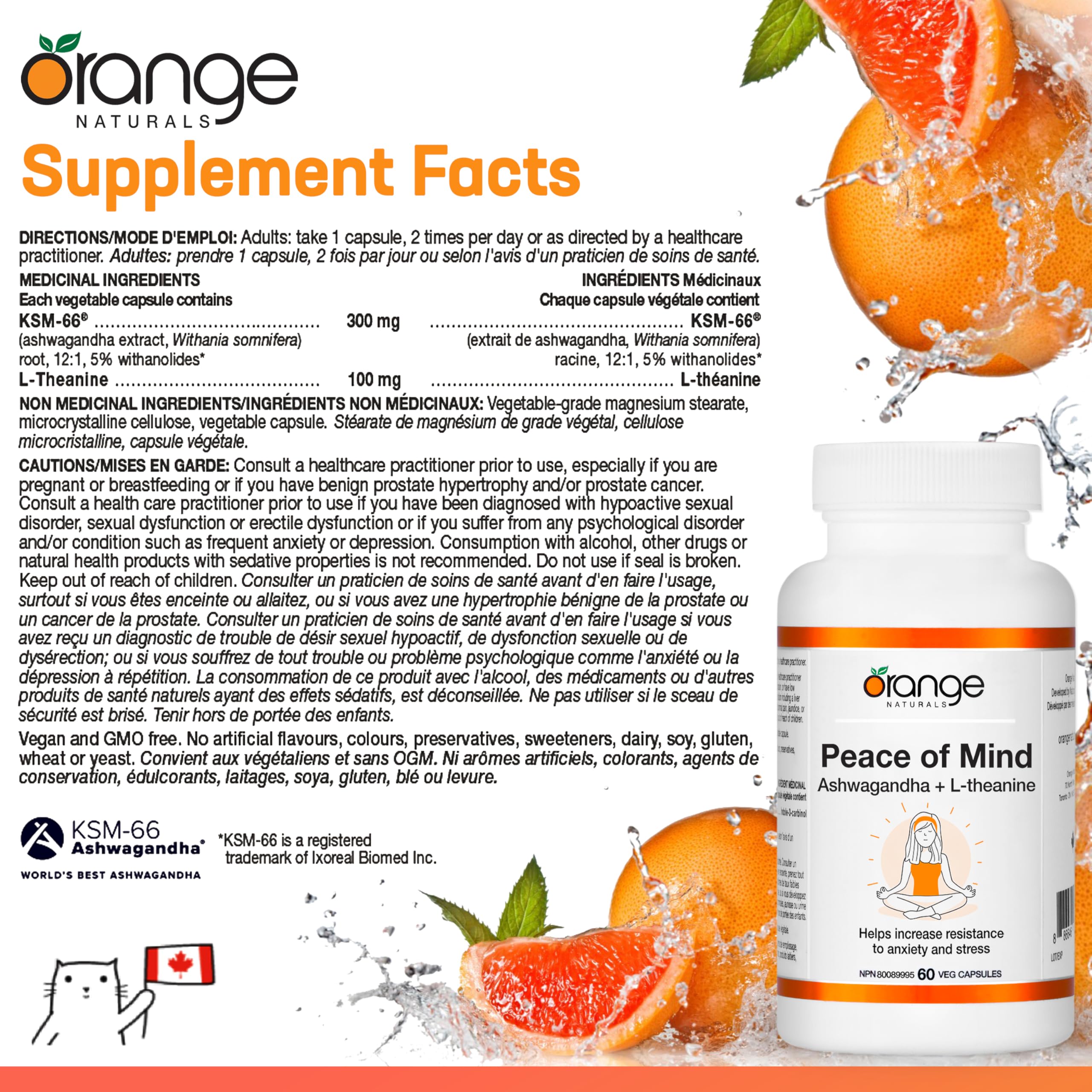 Orange Naturals - Peace of Mind, Ashwagandha KSM-66 and L-theanine, 60 Capsules 30-Day Supply - High-Concentration 300mg Ashwagandha and L-Theanine 100mg for Relaxation and Focus - Vegan & Non-GMO