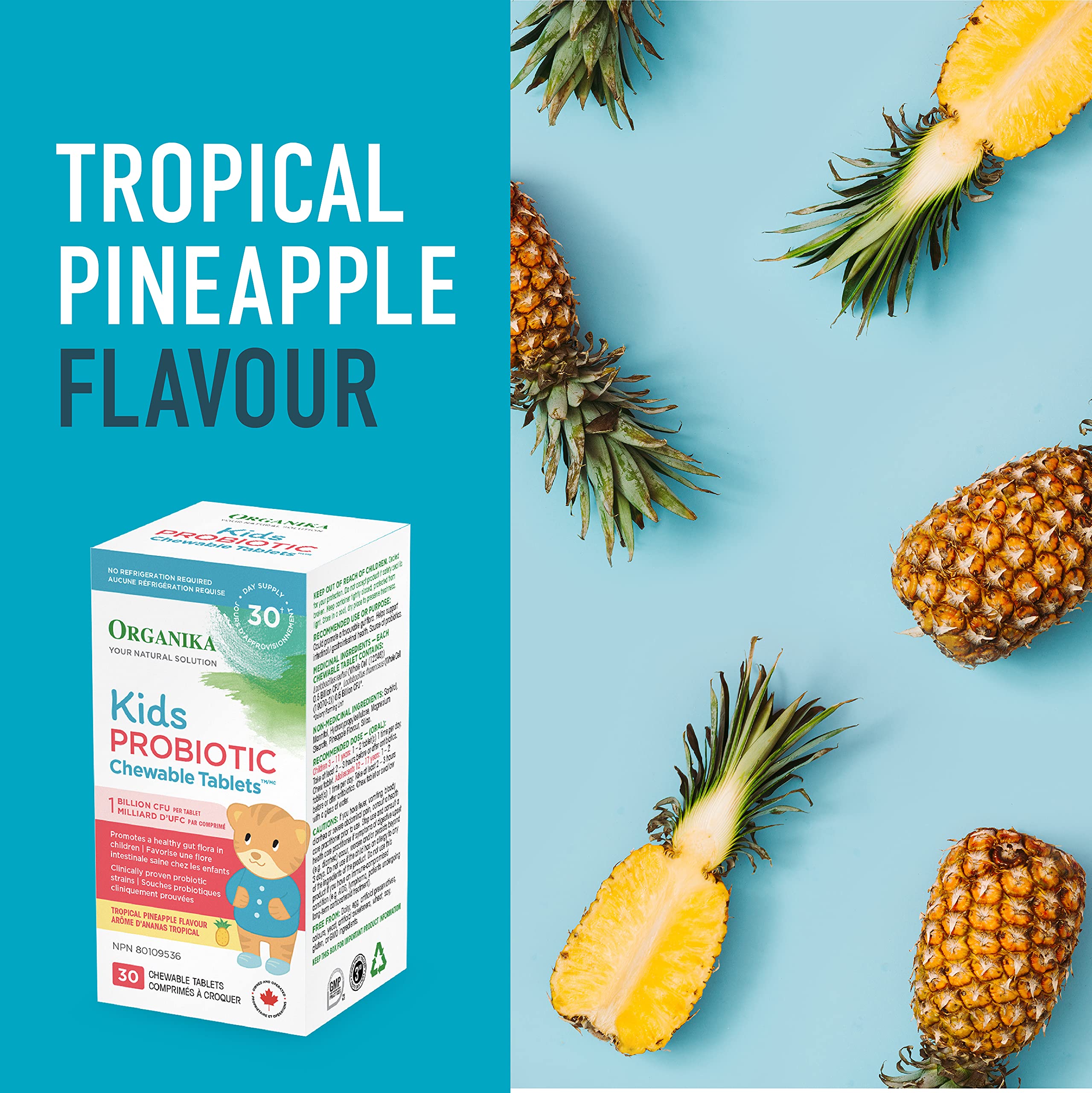 Organika Kids Probiotic Chewable Tablets - Tropical Pineapple Flavour- Gut Health and Immune Support- 30tabs
