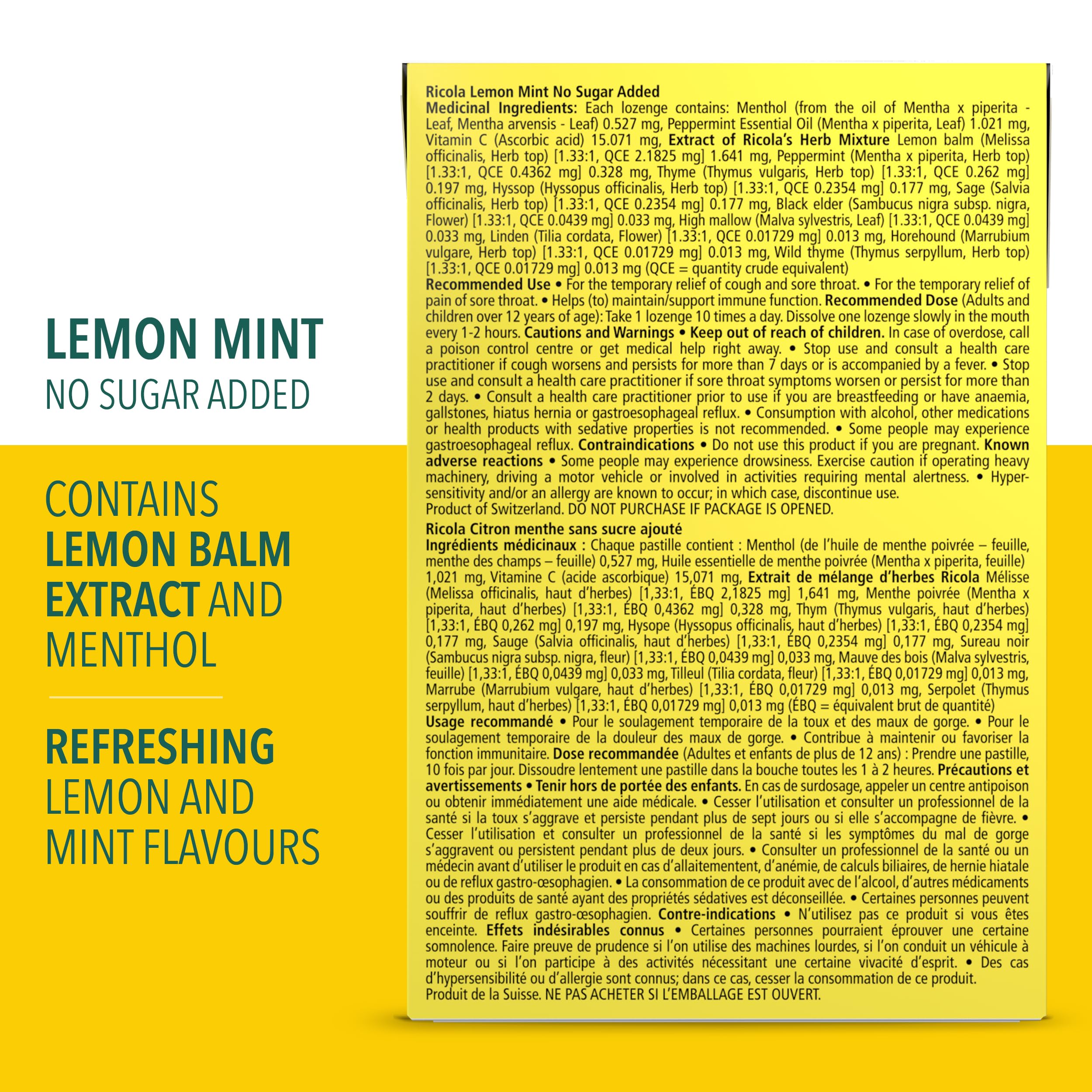 Ricola Sugar Free Lemon Mint Throat Drops, 18 Count Box, Refreshing Relief From Throat Irritations Oral Anesthetic (Pack of 2)