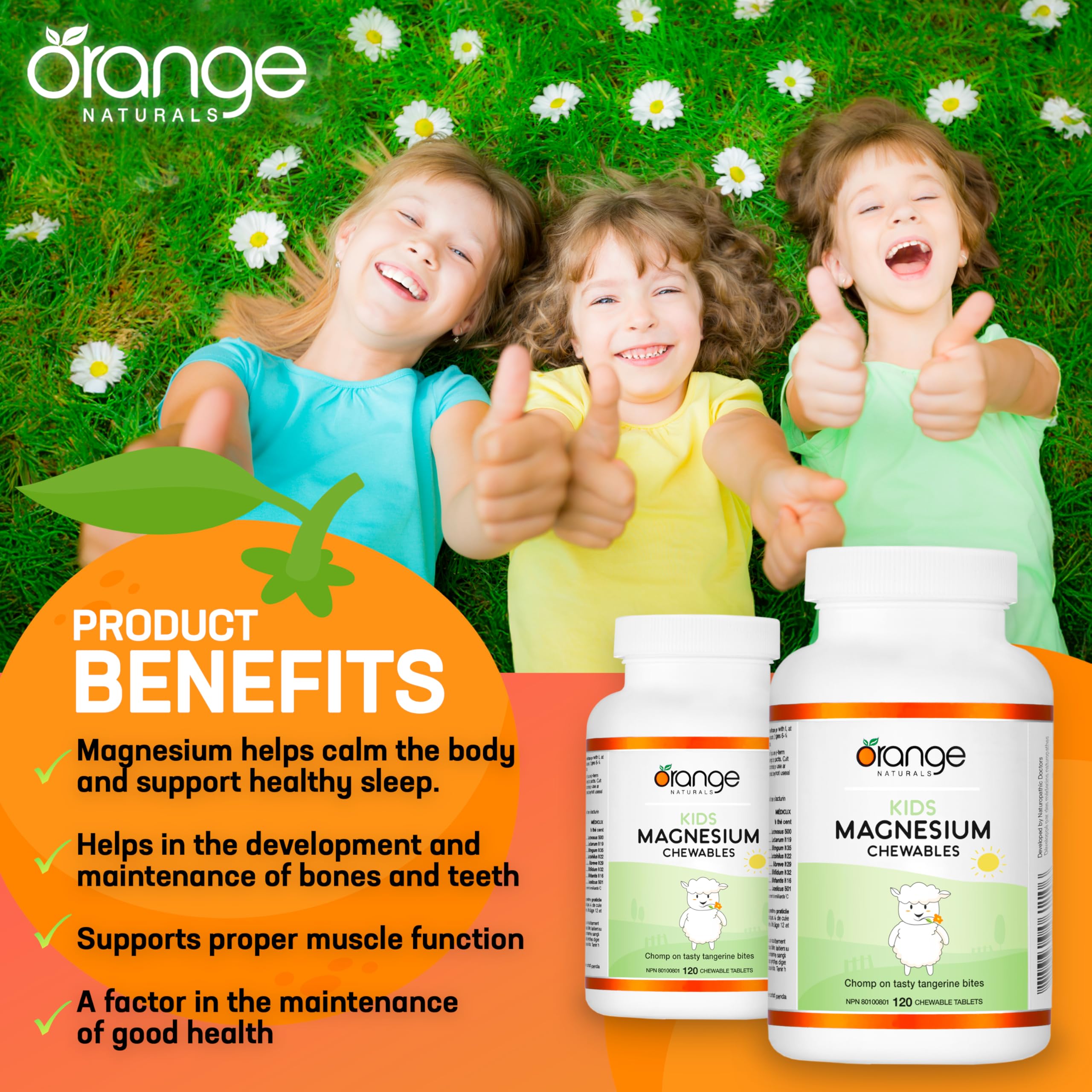Orange Naturals Kids Magnesium - 120 Chewable Tablets, 120-Day Supply, Orange - Bone & Teeth Support with Chewable Magnesium - Muscle Function & Calm, Restful Sleep Support - Vegan & Non-GMO
