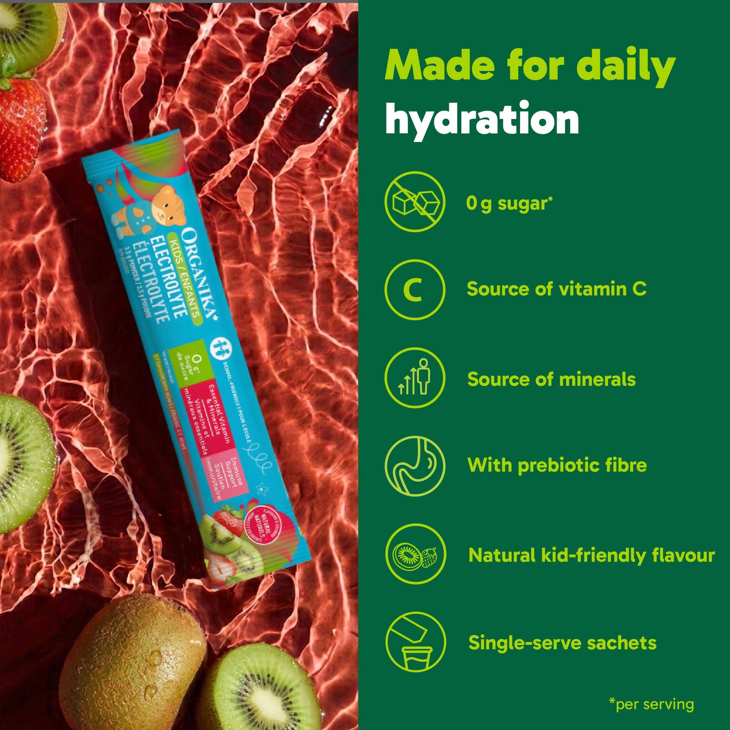 Organika Kids Electrolytes Powder Sticks - Sugar-Free Hydration + Immune support with 100% of daily Vitamin C, Minerals and Prebiotic Fibre | Strawberry Kiwi Flavour - 3.5g x 20 sachets