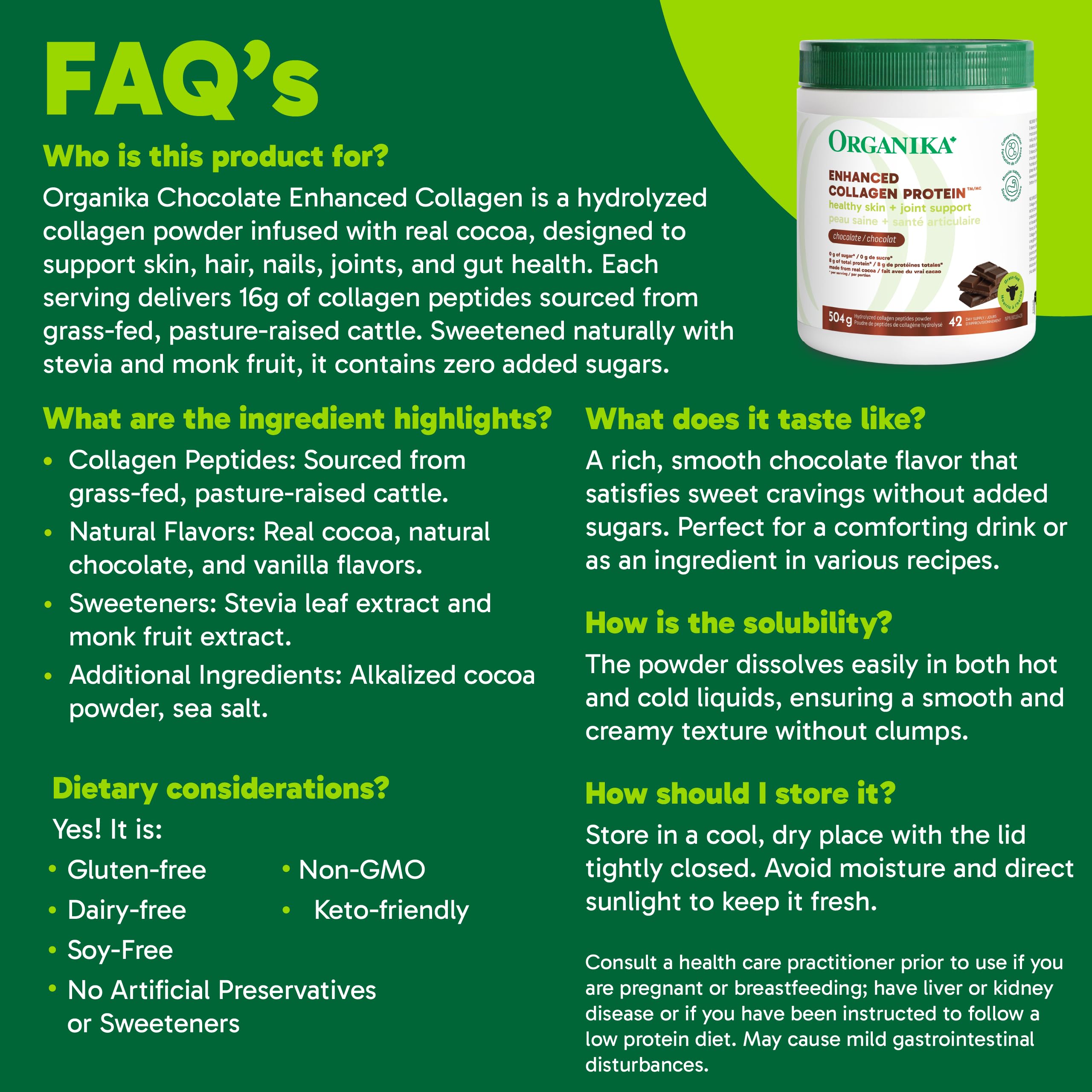 Organika Chocolate Enhanced Collagen Powder (Type 1 & 3) – 10g Per Serving for Hair, Skin, Nails & Joints – Canadian-Made, Grass-Fed, Non-GMO, 504g