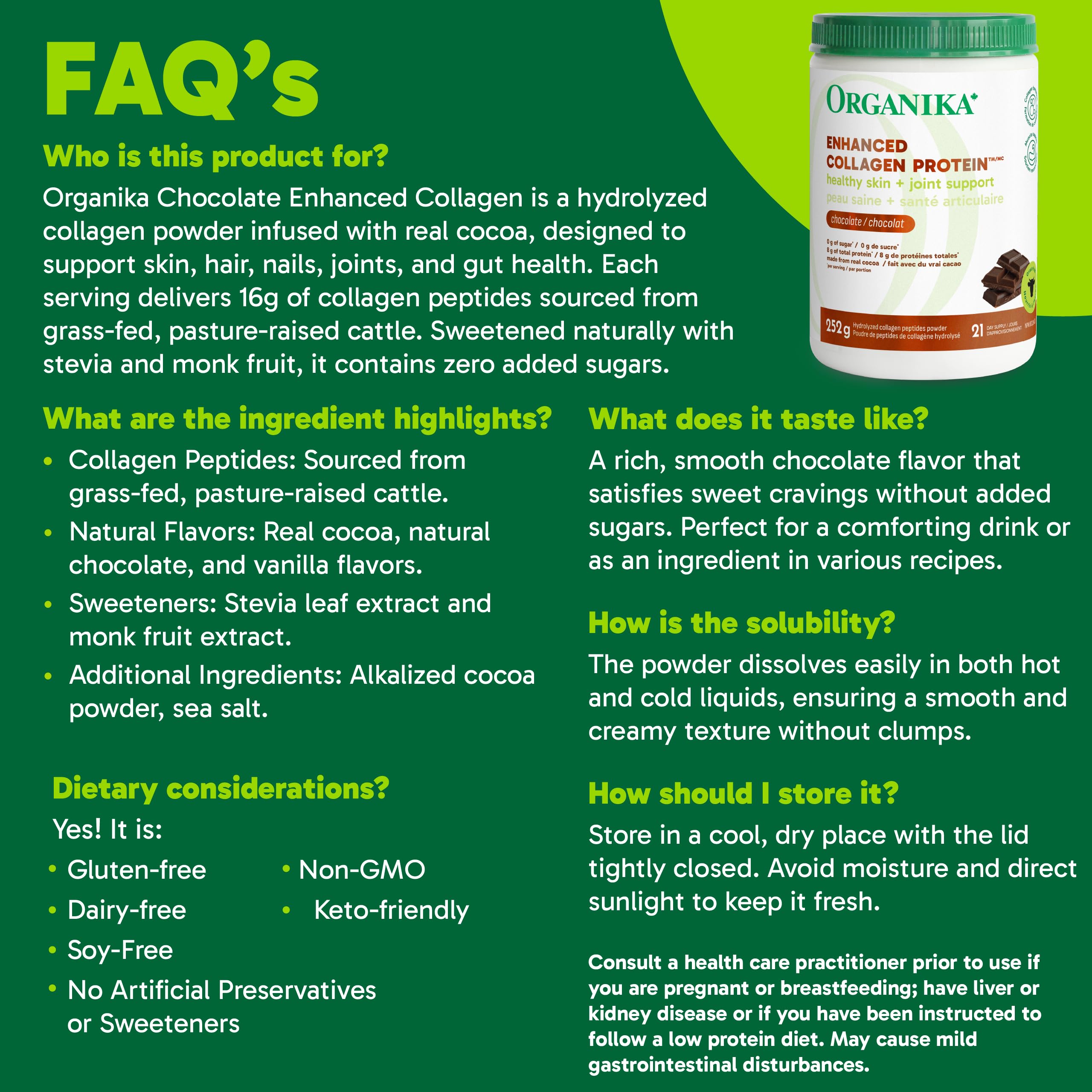 Organika Canadian-Made Chocolate Enhanced Collagen Powder, Grass-Fed with Real Cocoa, Sugar-Free, Healthy Hair, Skin, Nails, Joints, 252 G