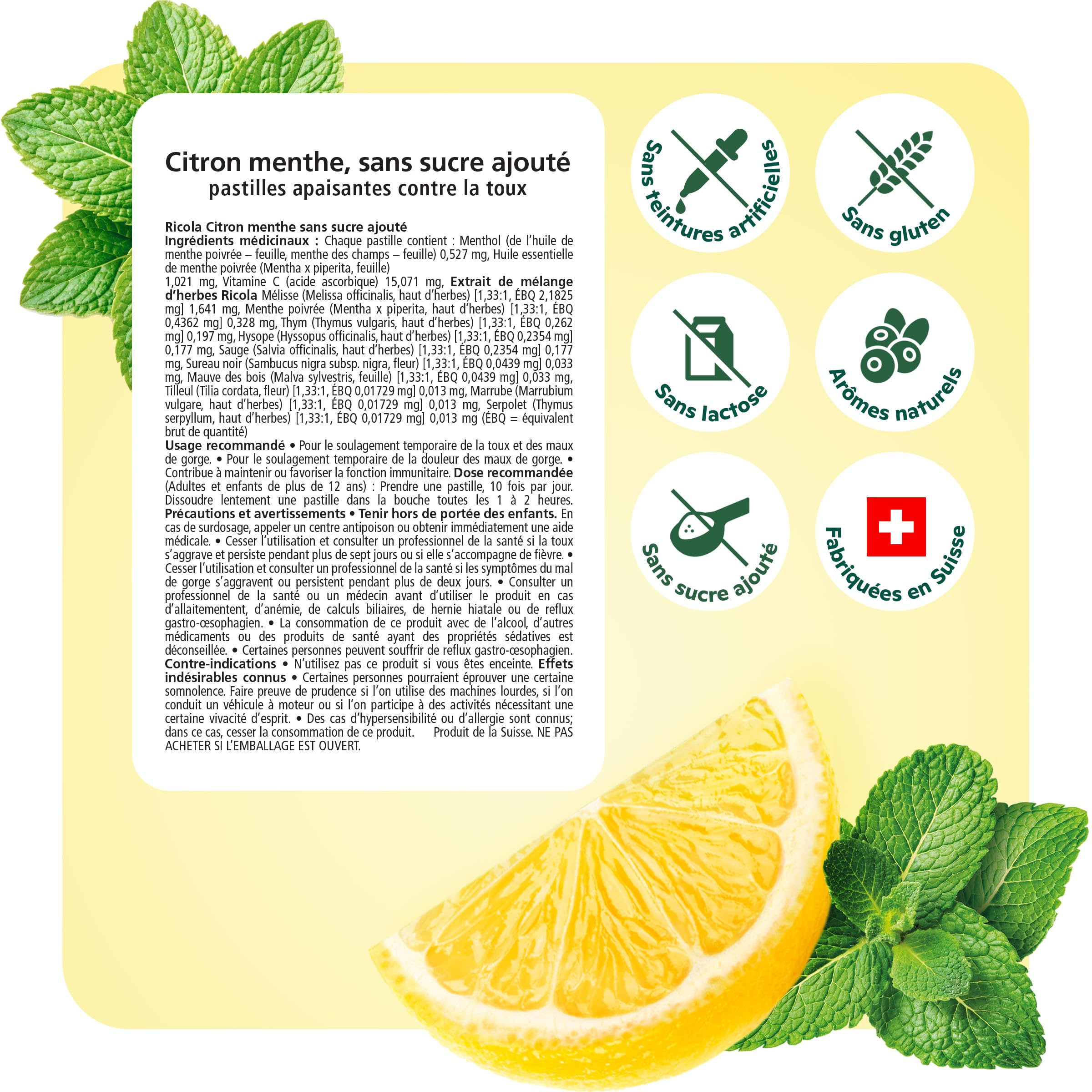 Ricola No Sugar Added Lemon Mint Herbal Cough Drops with Lemon Balm and Low Menthol for Everyday Throat and Voice Care - 180 Count - Throat Lozenges with No Sugar Added