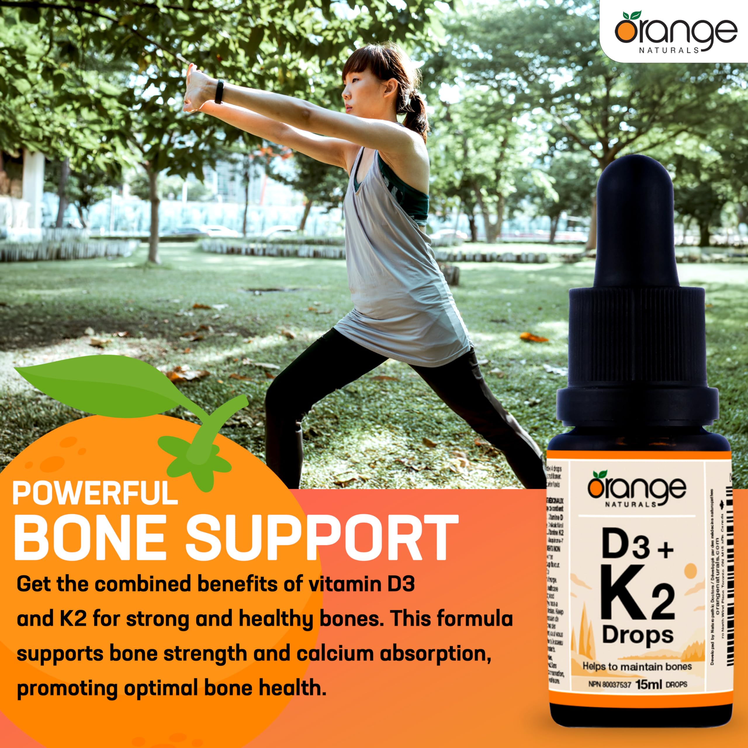 Orange Naturals - Vitamin D3+K2 Drops 250IU 15ml, 75-Day Supply - Natural Orange Flavour - Support Bone, Teeth Health, Maintain Muscle, Enhanced Absorption and Prevent D Deficiency Cholecalciferol