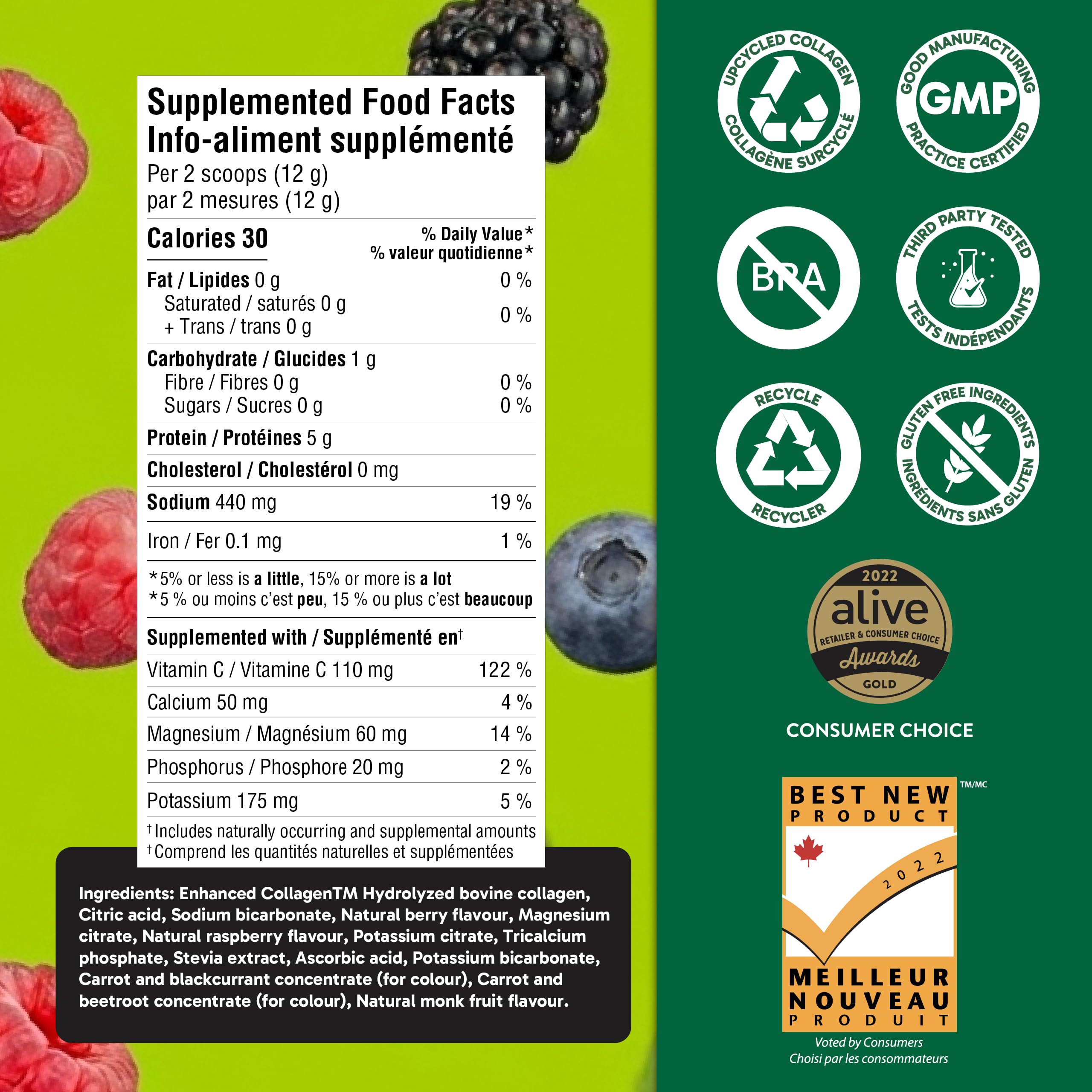 Organika Canadian-Made Electrolytes + Enhanced Collagen - Daily Hydration Powder with 5g of Collagen for Hair, Skin and Nails, 100% of Daily Vitamin C, Wildberry Flavour, 360 g, 30 Servings
