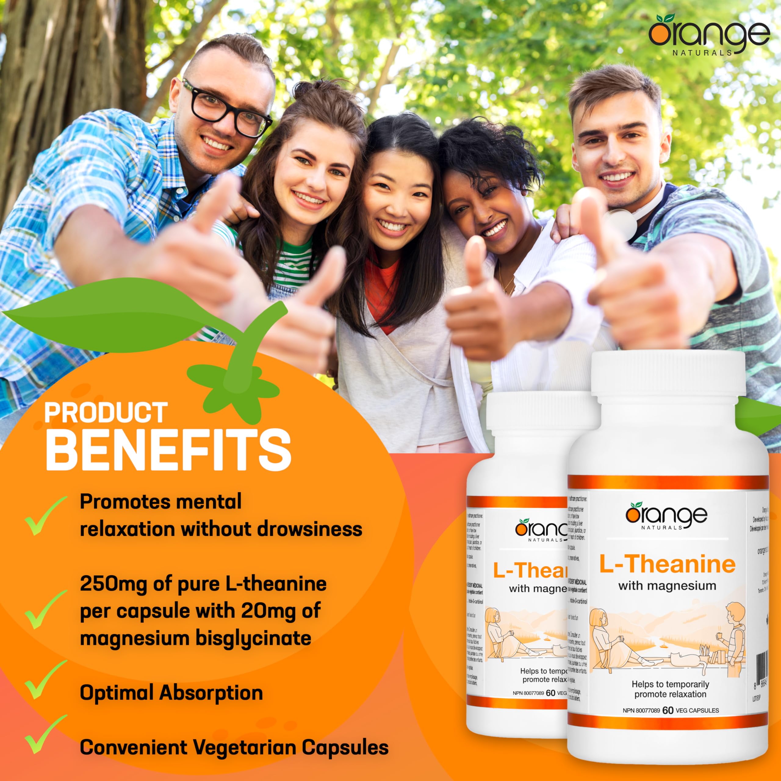 Orange Naturals - L-Theanine with Magnesium Bisglycinate 250mg, 60 Capsules 60-Day Supply - Enhanced Sleep and Relaxation Support without Drowsiness, Promotes Mental Calmness - Vegan and Non-GMO