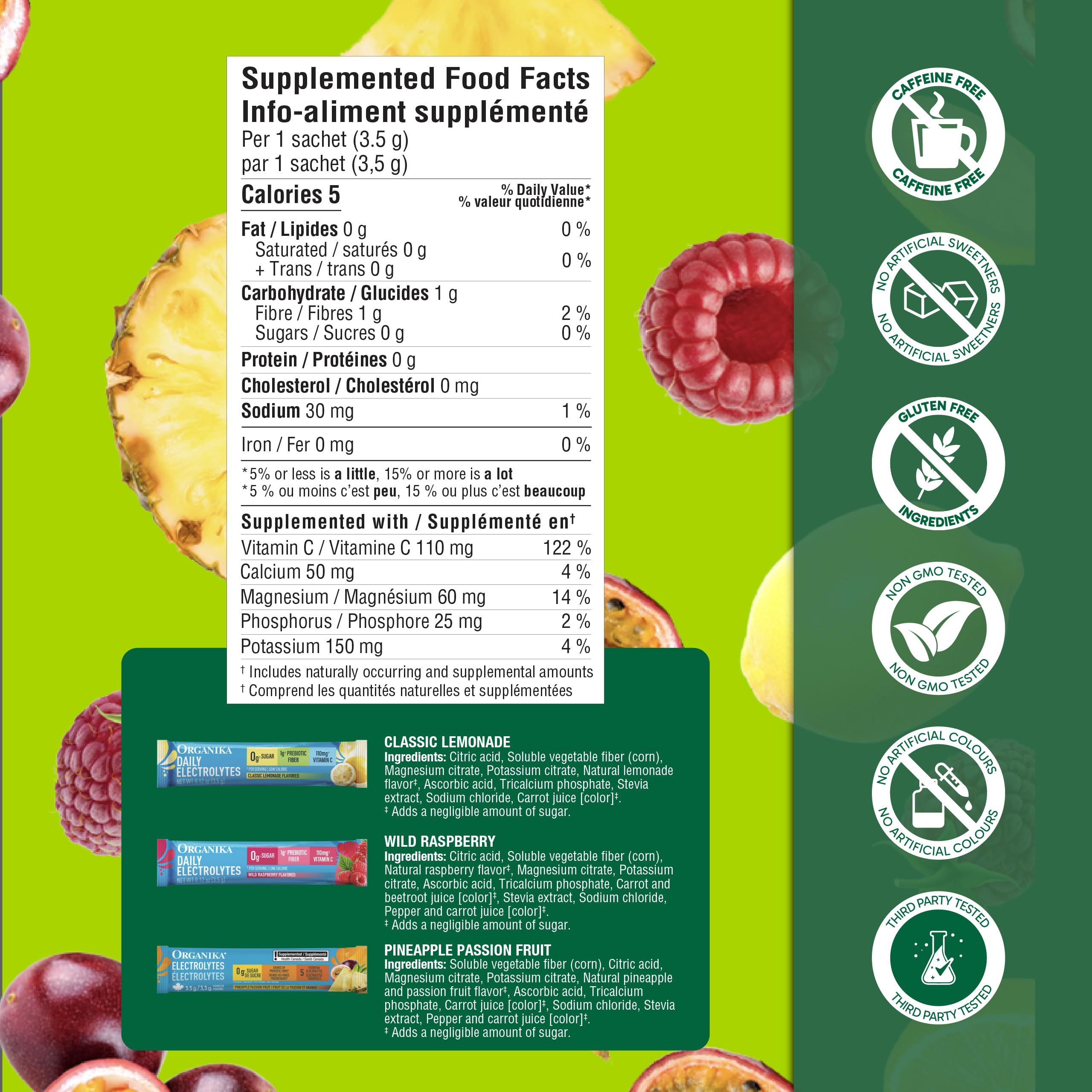 Organika Canadian-Made Electrolytes Powder with Vitamin C & Prebiotic Fibre - Sugar-Free Hydration Drink Mix Variety Pack - Lemonade, Raspberry & Pineapple Passionfruit - 21 Single-Serve Sachets x 3.5g