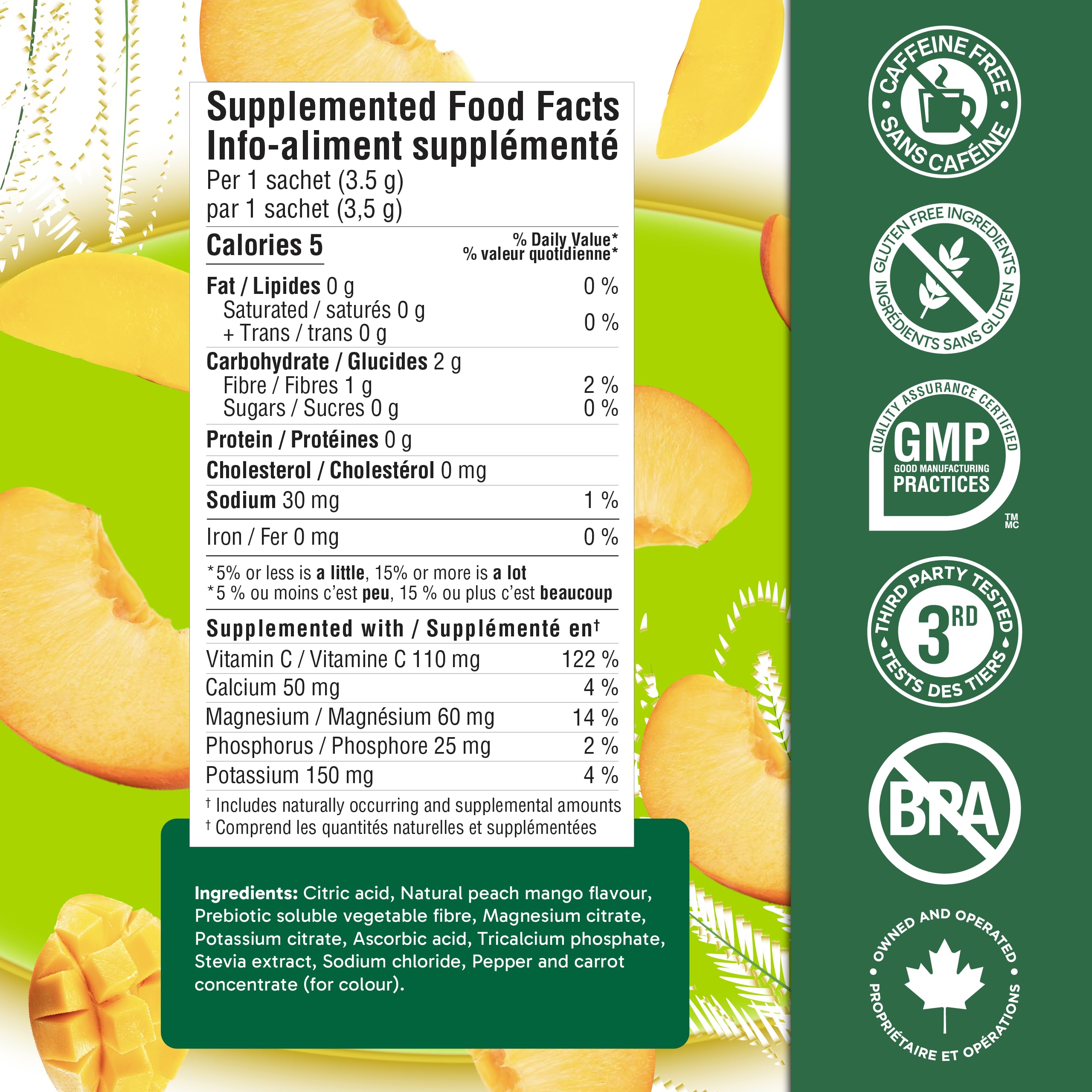 Organika Canadian-Made Electrolytes Powder with Vitamin C & Prebiotic Fibre - Sugar-Free Hydration Drink Mix - Peach Paradise - 20 Single-Serve Sachets x 3.5g