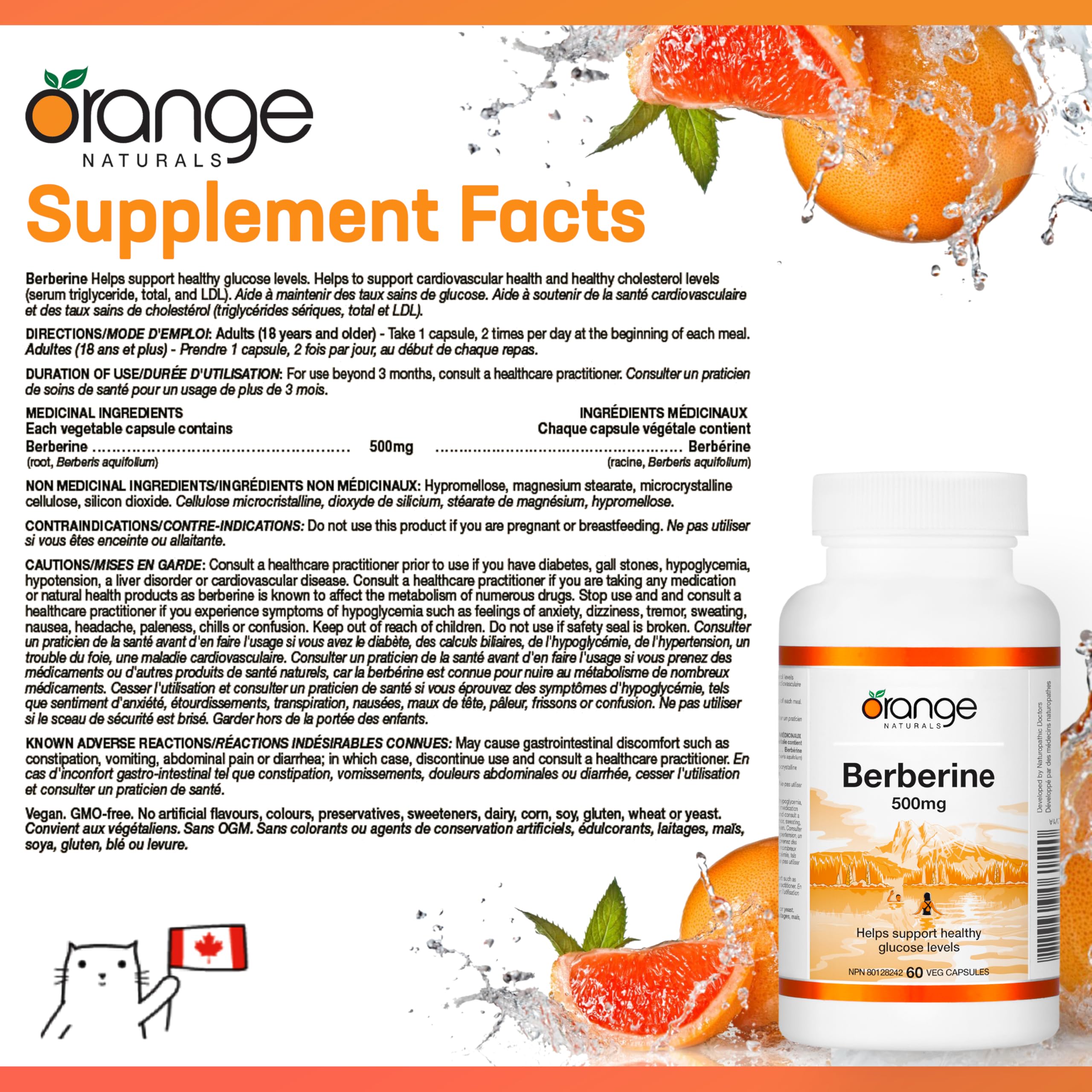 Orange Naturals - Berberine 500mg, 60 Capsules 30-Day Supply - Berberine Helps Support Healthy Glucose Levels, Cholesterol Levels & Cardiovascular Health - Vegan & Non-GMO - Natural Metabolic Support