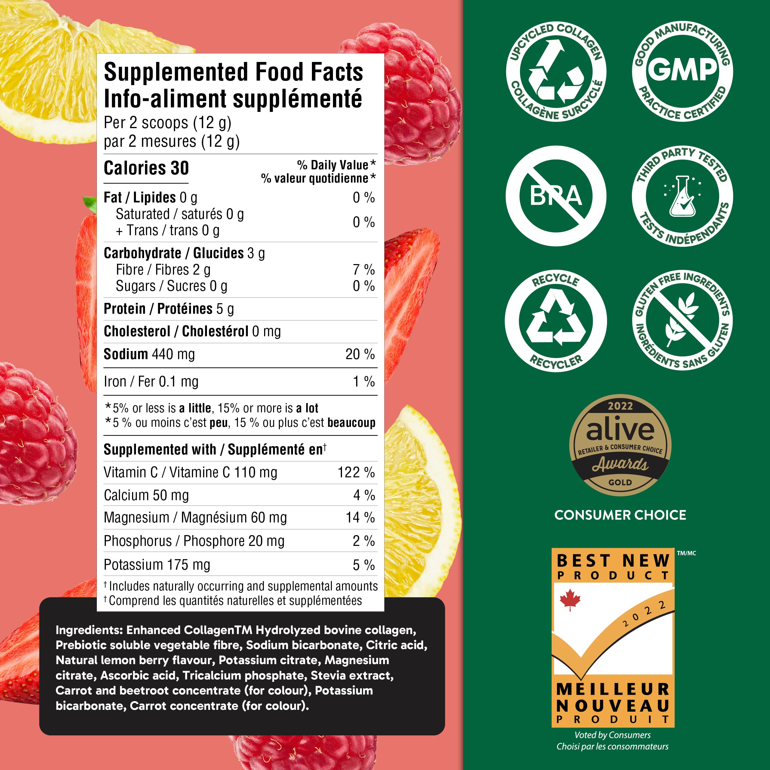 Organika Canadian-Made Electrolytes + Enhanced Collagen - Daily Hydration Powder with 5g of Collagen for Hair, Skin and Nails, 100% of Daily Vitamin C, Zesty Lemon Berry Flavour, 360 g, 30 Servings