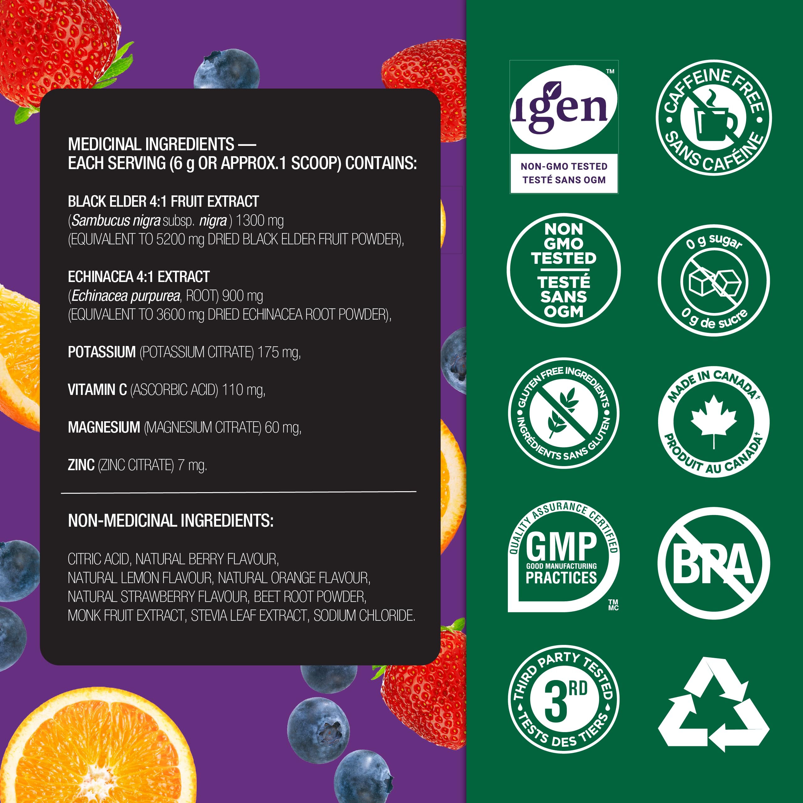 Organika Canadian-Made Electrolytes Defence - Daily Hydration Powder for Immune Support with Elderberry, Echinacea and Zinc, Natural Citrus Berry Flavour, 180 g, 30 Servings,