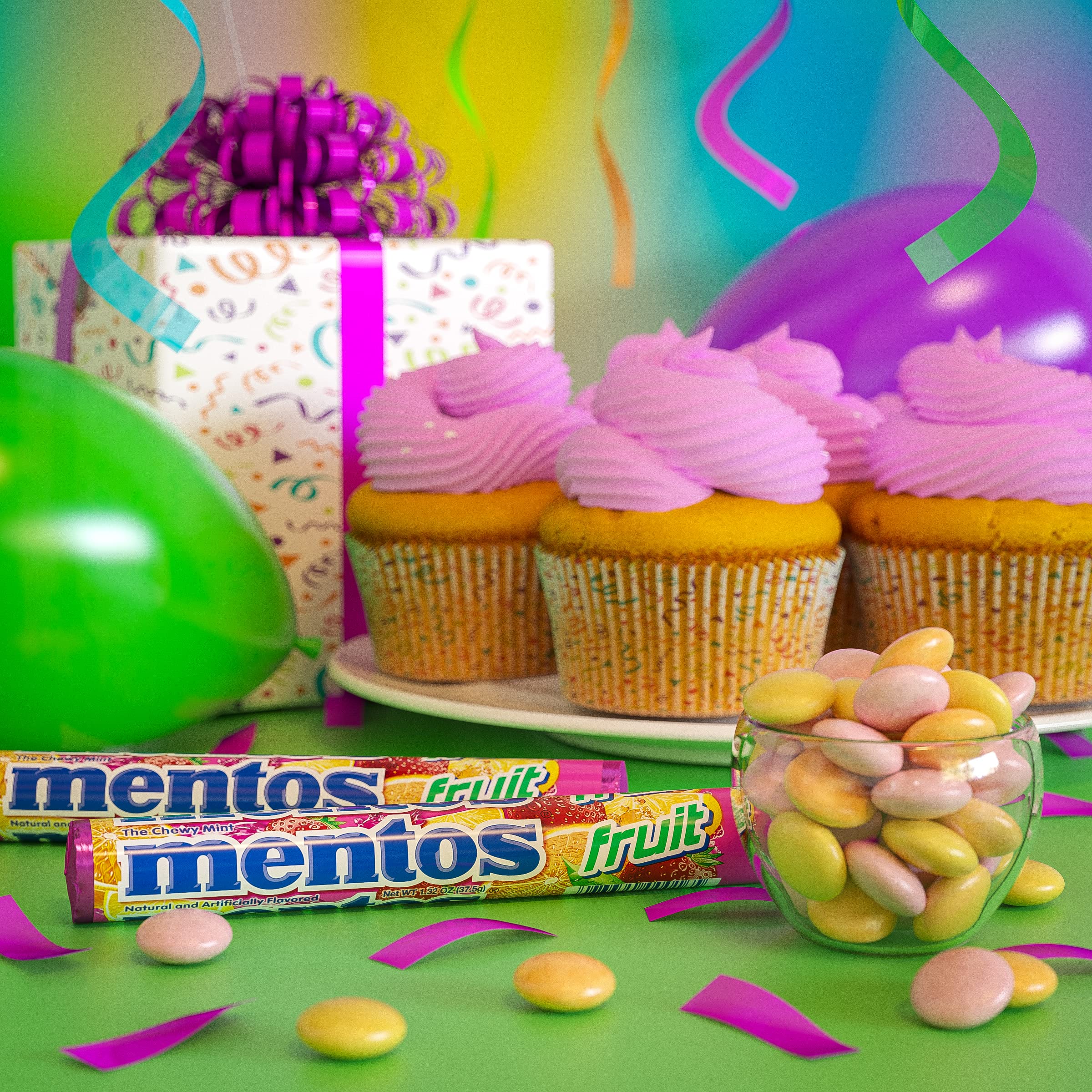 Mentos Chewy Mints, Fruit - Pack of 4 Rolls (56 Pieces), 37g per roll