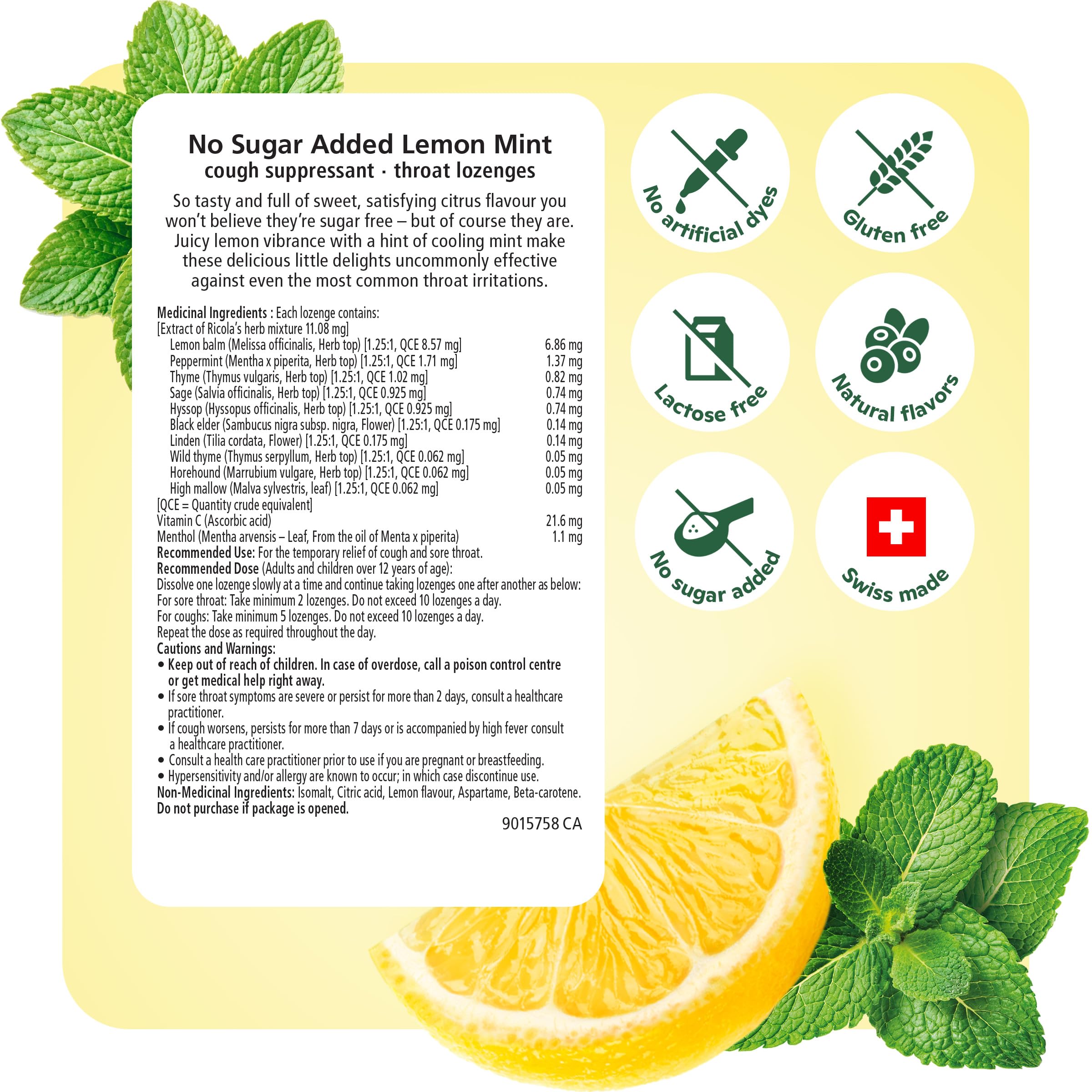 Ricola Sugar Free Lemon Mint Throat Drops, 45 Count, Refreshing Relief From Minor Throat Irritations, Oral Anesthetic