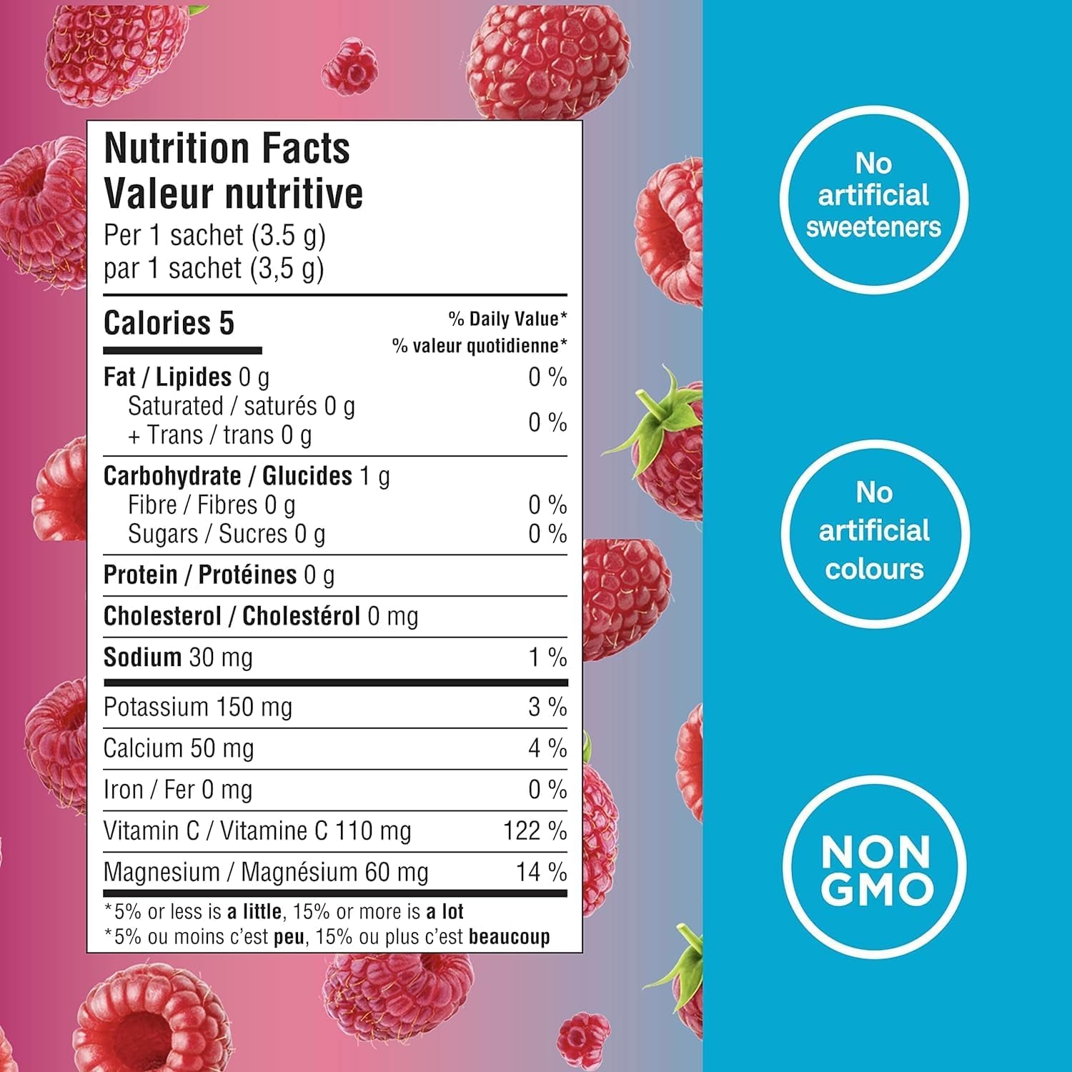 Canadian-Made Electrolytes Powder - Wild Raspberry - on the Go Sugar-Free Hydration and Electrolyte Replenishment with Prebiotics + 100% of Daily Vitamin C - 3.5G X 20 Sachets
