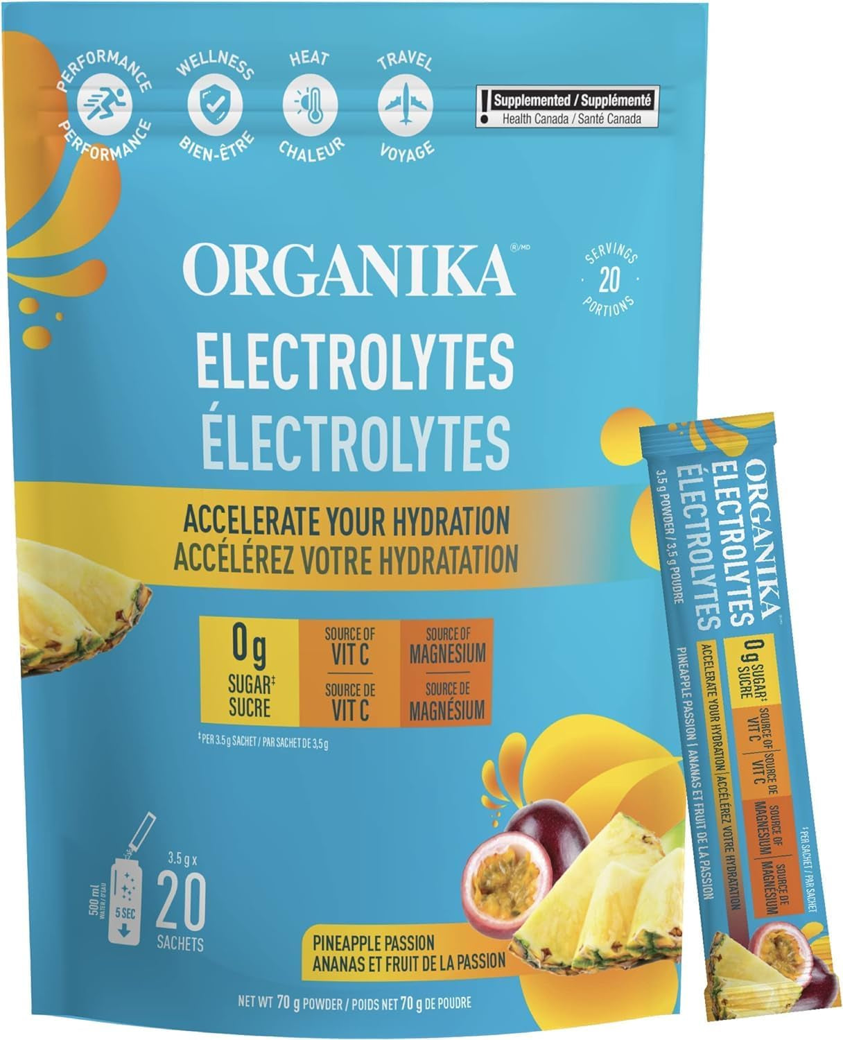 Canadian-Made Electrolytes Powder - Wild Raspberry - on the Go Sugar-Free Hydration and Electrolyte Replenishment with Prebiotics + 100% of Daily Vitamin C - 3.5G X 20 Sachets