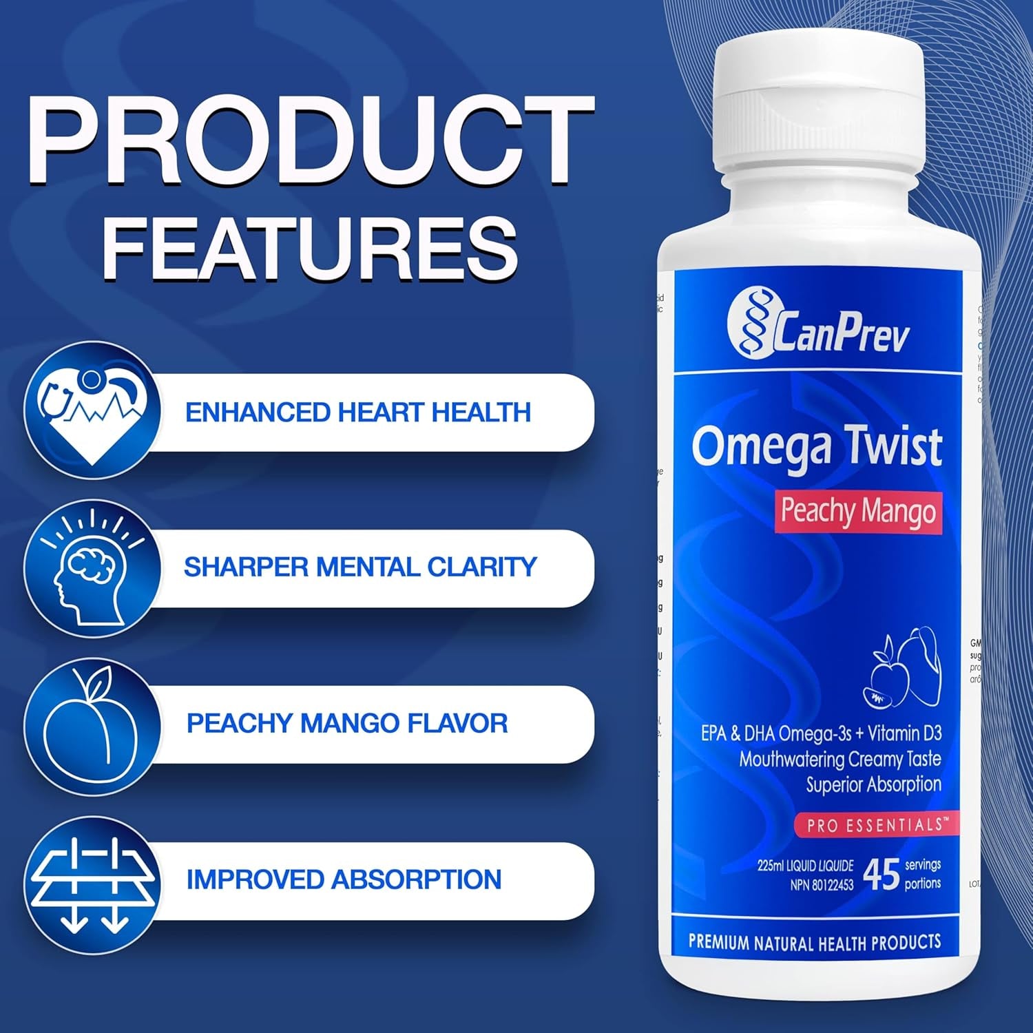 Omega Twist - Peachy Mango 225Ml - Superior Absorption Enriched with DHA & EPA Omega-3 Fatty Acids -Supports Overall Wellness