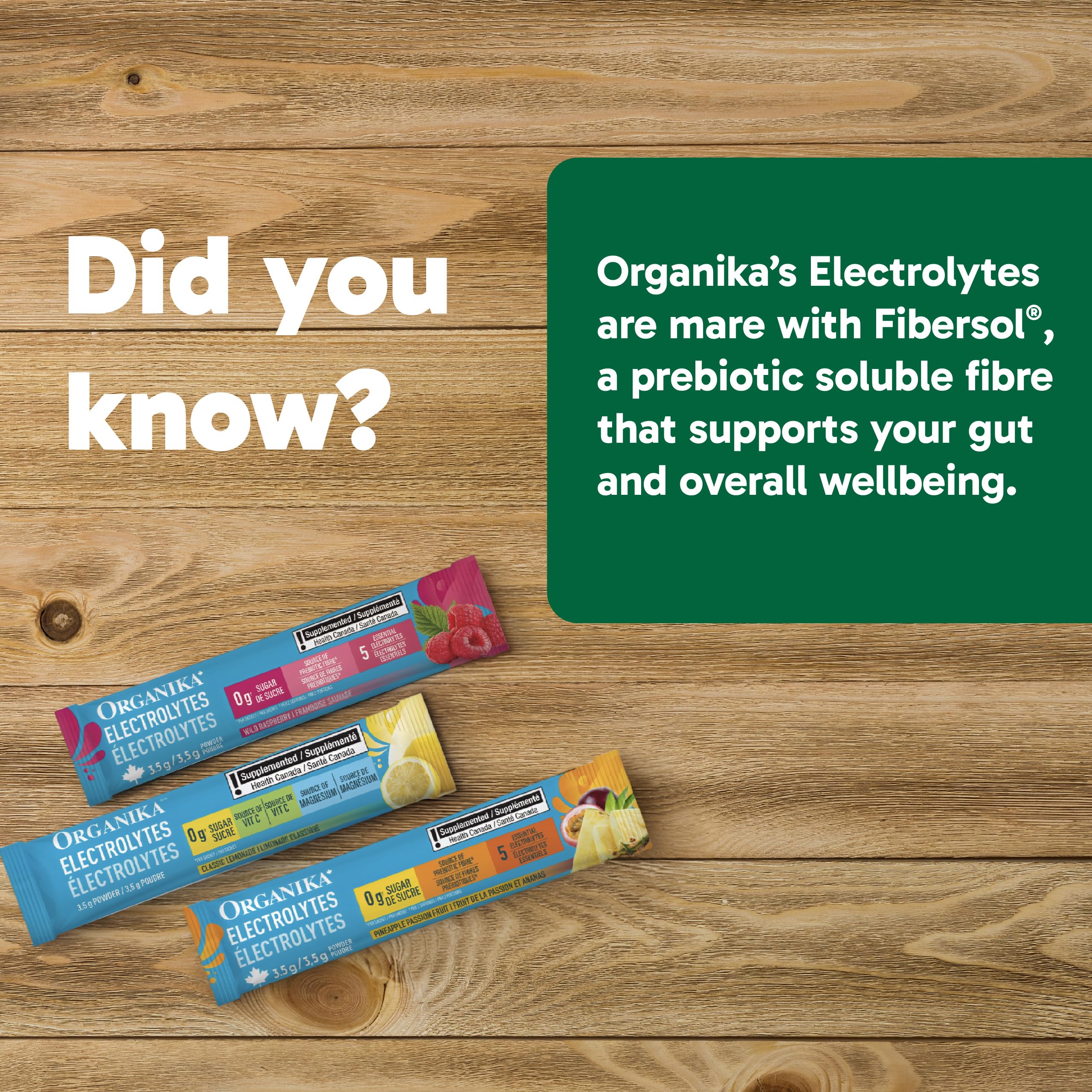Organika Canadian-Made Electrolytes Powder with Vitamin C & Prebiotic Fibre - Sugar-Free Hydration Drink Mix Variety Pack - Lemonade, Raspberry & Pineapple Passionfruit - 21 Single-Serve Sachets x 3.5g