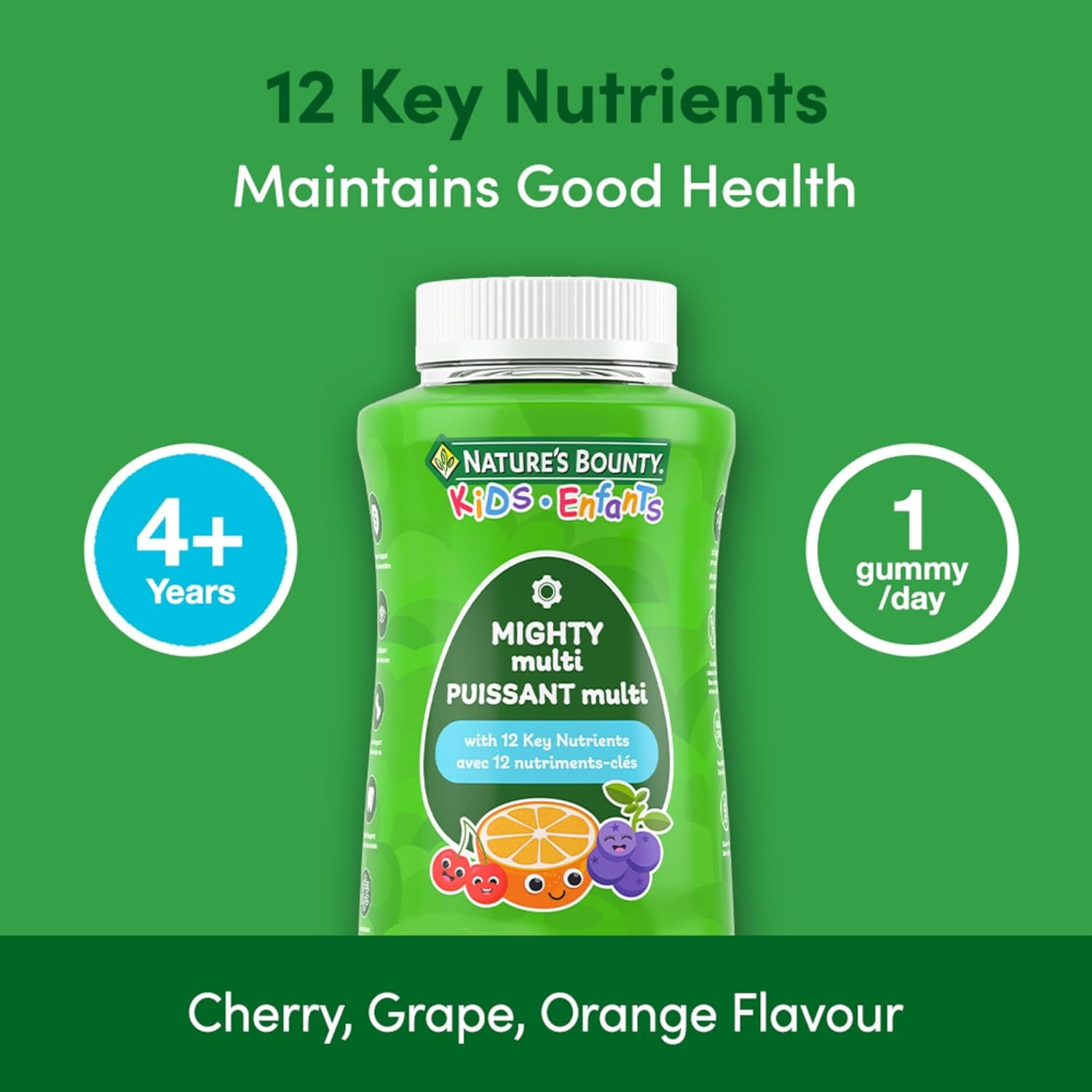 KIDS Mighty Multi, Only 1G Sugar per Gummy, Supports Immune System, Eye Health, Bones, & Teeth, Source of Antioxidants, Gluten-Free, Cherry, Grape & Orange-Flavoured Gummies, 375 G