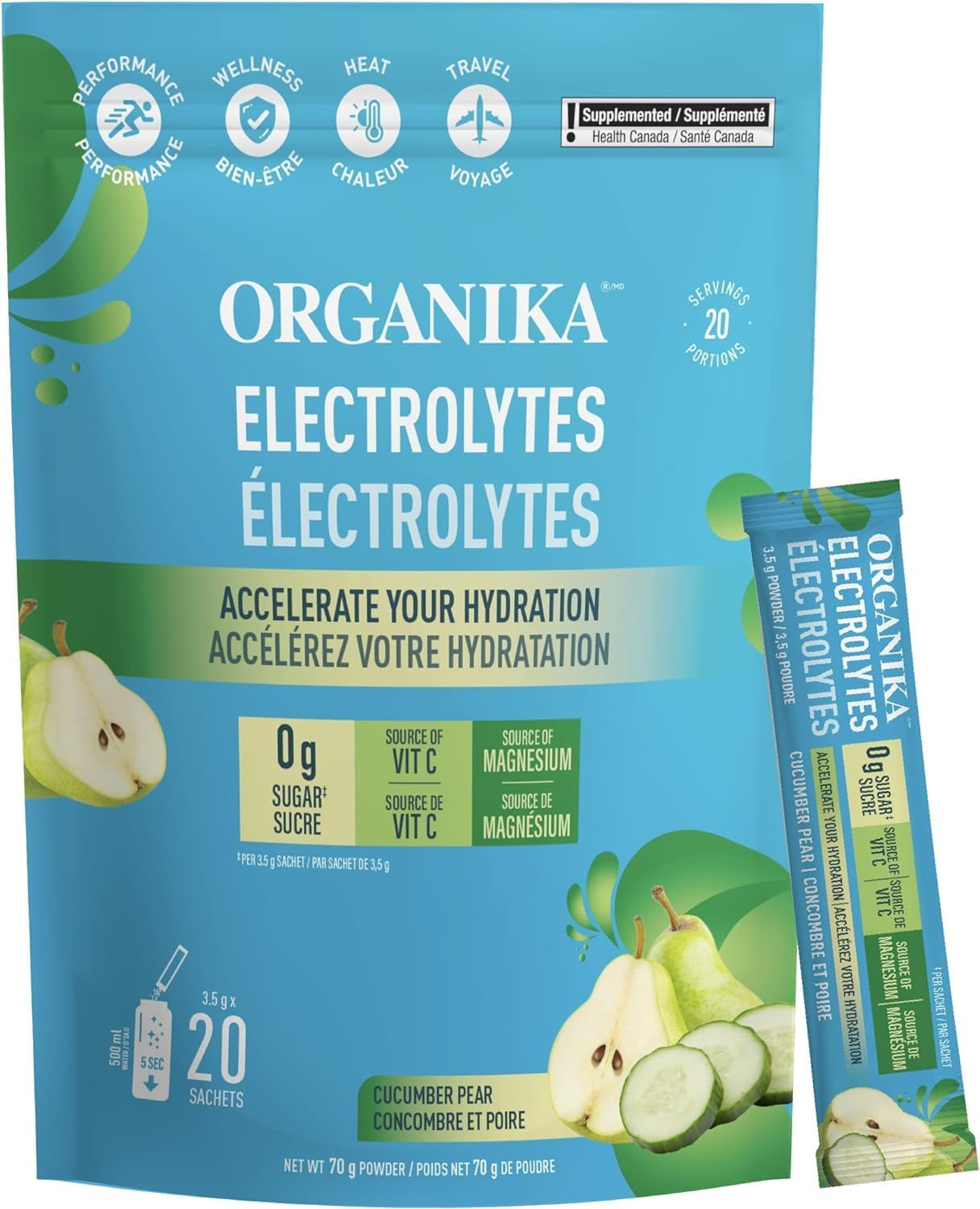 Canadian-Made Electrolytes Powder - Wild Raspberry - on the Go Sugar-Free Hydration and Electrolyte Replenishment with Prebiotics + 100% of Daily Vitamin C - 3.5G X 20 Sachets
