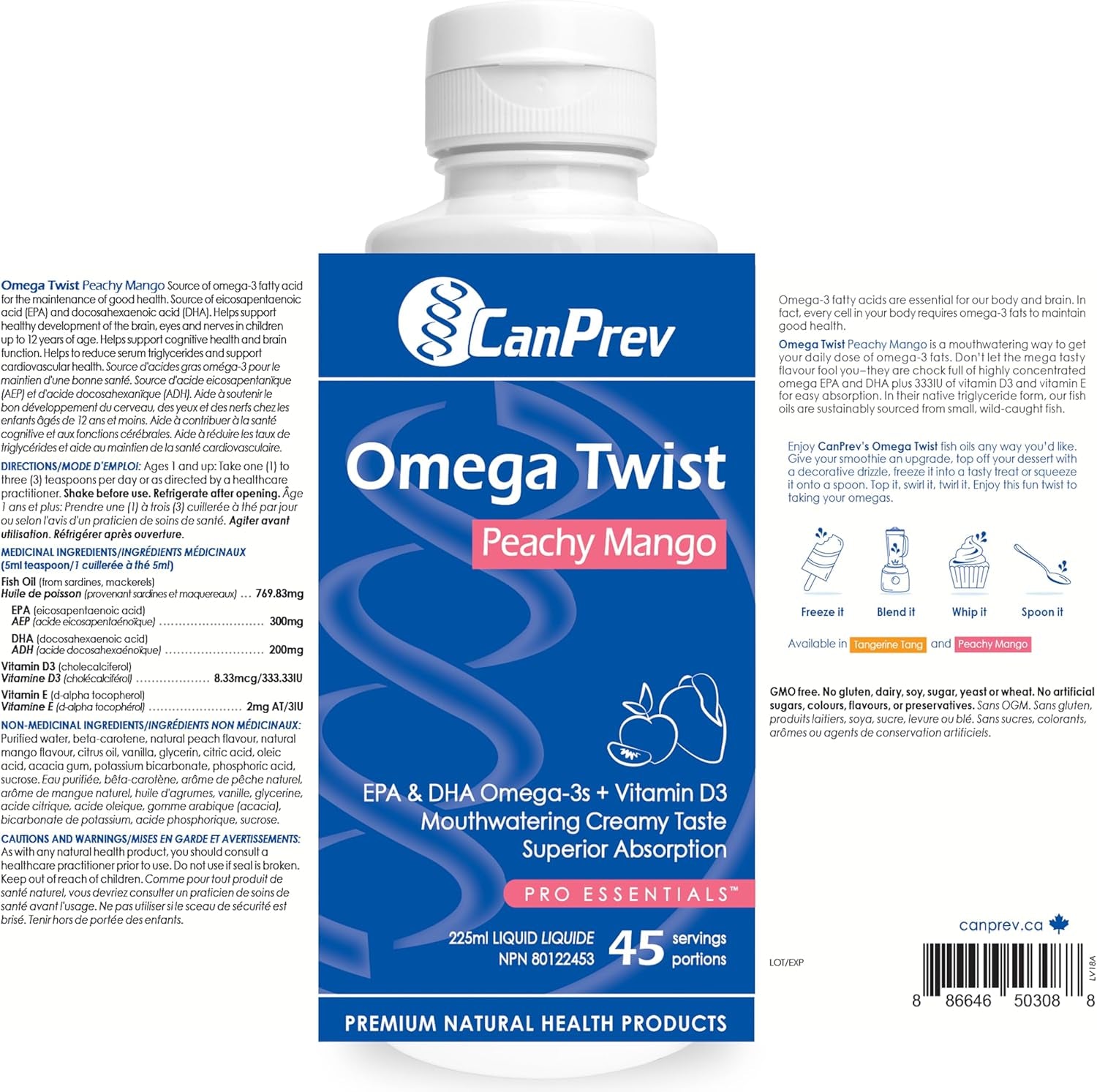 Omega Twist - Peachy Mango 225Ml - Superior Absorption Enriched with DHA & EPA Omega-3 Fatty Acids -Supports Overall Wellness