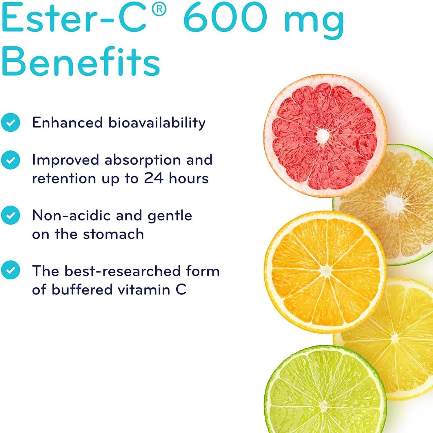 Ester-C 600Mg Capsules, 24-Hour Immune Support Vitamin C, Less Acidic, Better Absored & Rentained than Other Forms of Vitamin C, 120 VC, Vegan, Non-Gmo, Gluten Free, Dairy Free, Soy Free