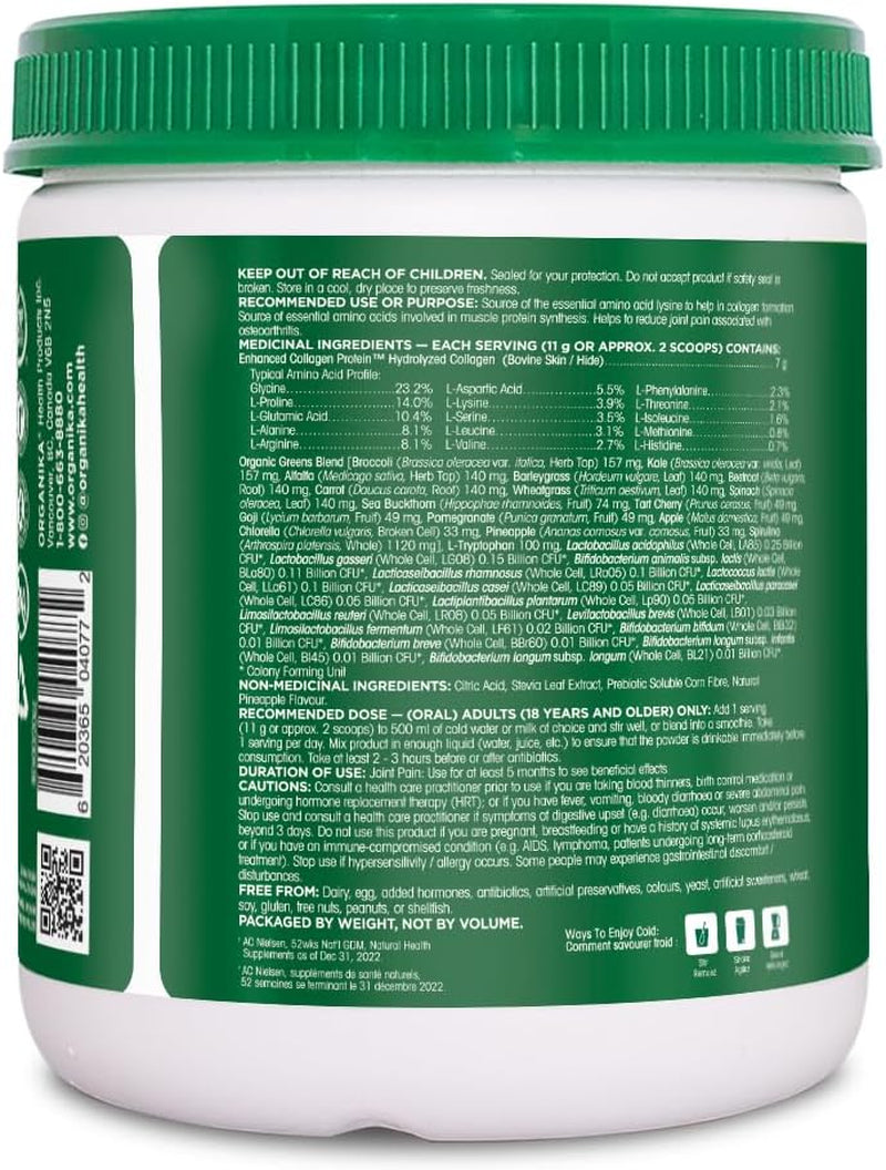 Canadian-Made Power Greens with Enhanced Collagen - 16 Superfoods - Organic Fruits and Vegetables Nutrient Rich Powder Pineapple Punch Flavor with Essential Proteins and Probiotics - 220G