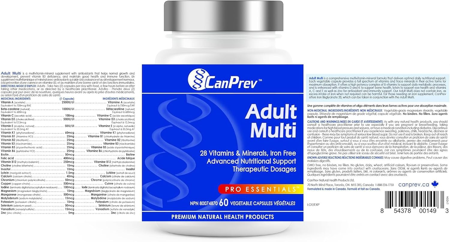 Adult Multi, 60 V-Caps 30-Day Supply - Non-Gmo and Gluten-Free - High-Potency Multivitamin and Multi-Mineral Formula - Iron-Free - Easy to Digest - Complete Daily Vitamins and Minerals