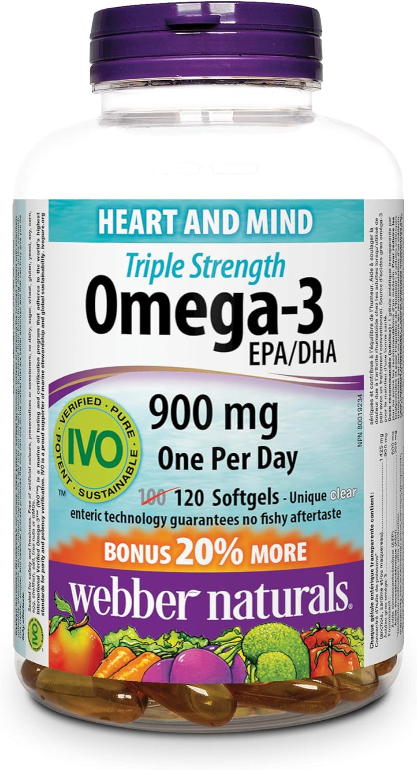Omega-3 900 Mg Triple Strength, 120 Clear Enteric No Fishy Aftertaste Softgels, Supports Cardiovascular Health and Brain Function