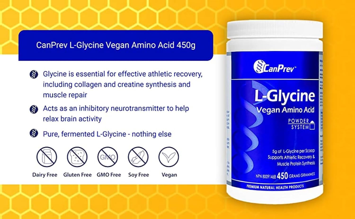 L-Glycine Vegan Amino Acid Powder 450G 90-Servings - 5G L-Glycine per Scoop, Supports Recovery & Athletic Performance, Promotes Rejuvenation, Glycine Supplement for Relaxation & Brain Support