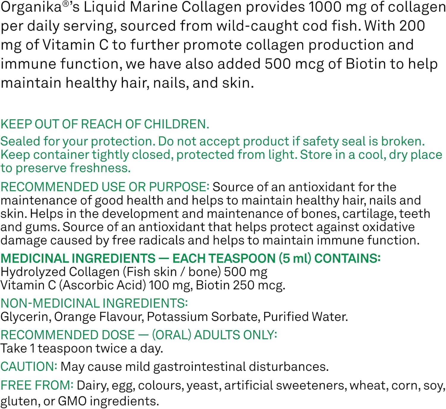 Canadian-Made Liquid Marine Collagen - with Added Vitamin C and Biotin - Orange Flavour- 250Ml