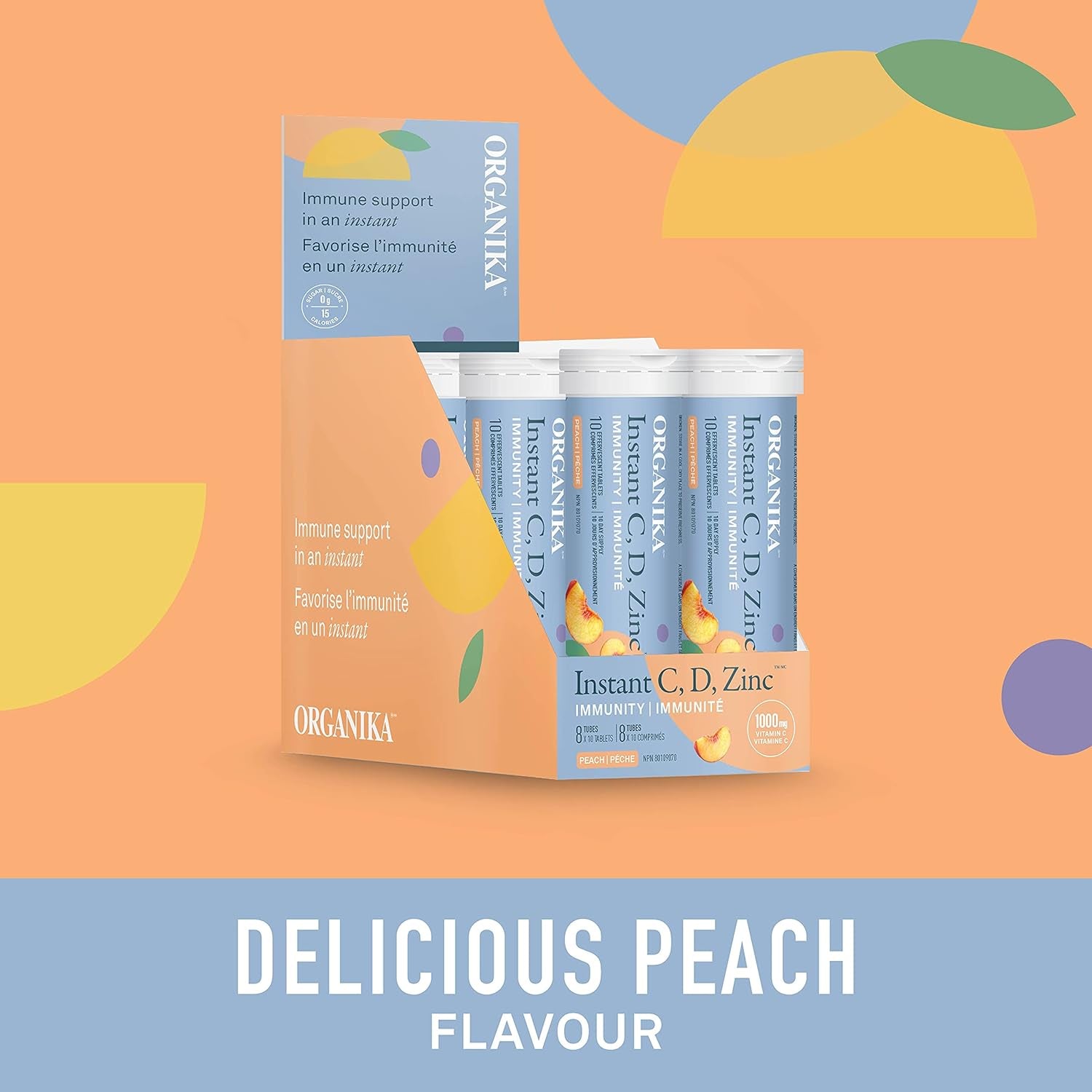 Instant C, D, Zinc Effervescent Tablets - Peach Flavour- Immune Support- Single Tube X 10 Tablets